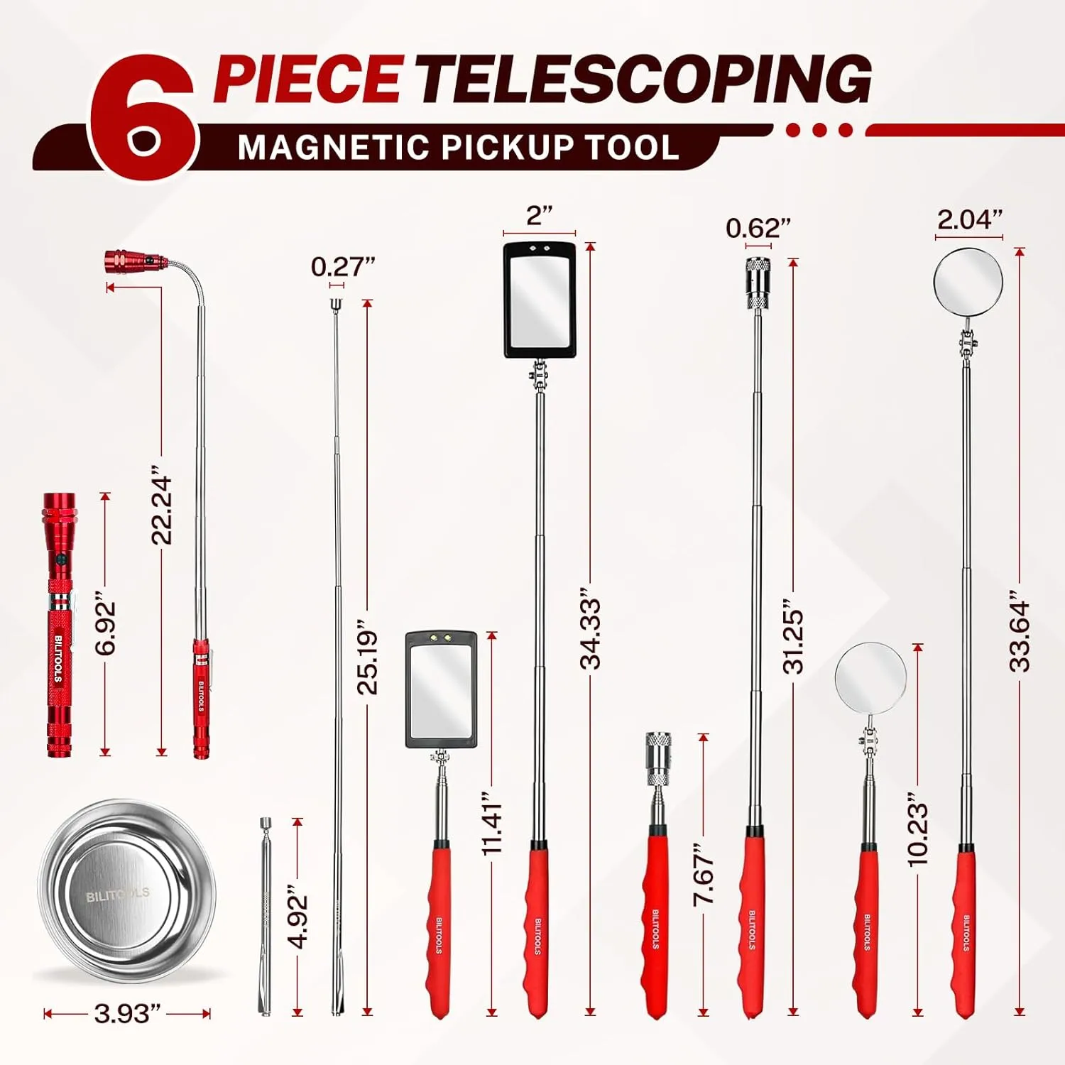 BILITOOLS 6 Piece Telescoping Magnetic Pickup Tool Set, Extendable Mechanic Magnet Retrieval Tool Set Ideal Father's Day Gifts Gift for Men Dad Husband & Brother