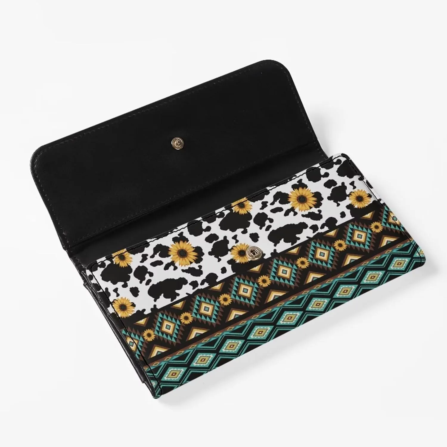 Binienty Aztec Cow Print Leather Wallet with Sunflower for Women Girls Gifts, Trifold Blocking Wallet Handbag Clutch