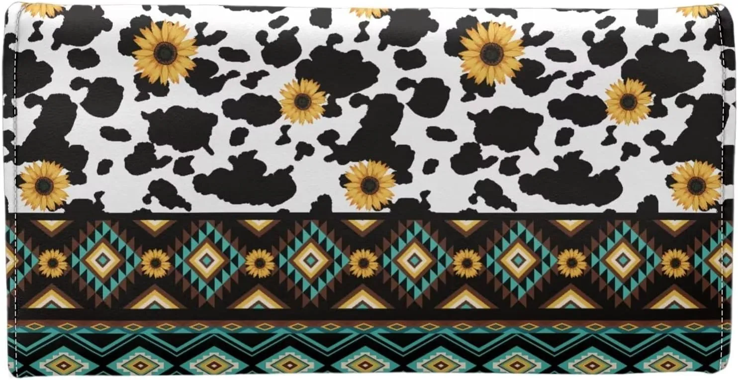 Binienty Aztec Cow Print Leather Wallet with Sunflower for Women Girls Gifts, Trifold Blocking Wallet Handbag Clutch
