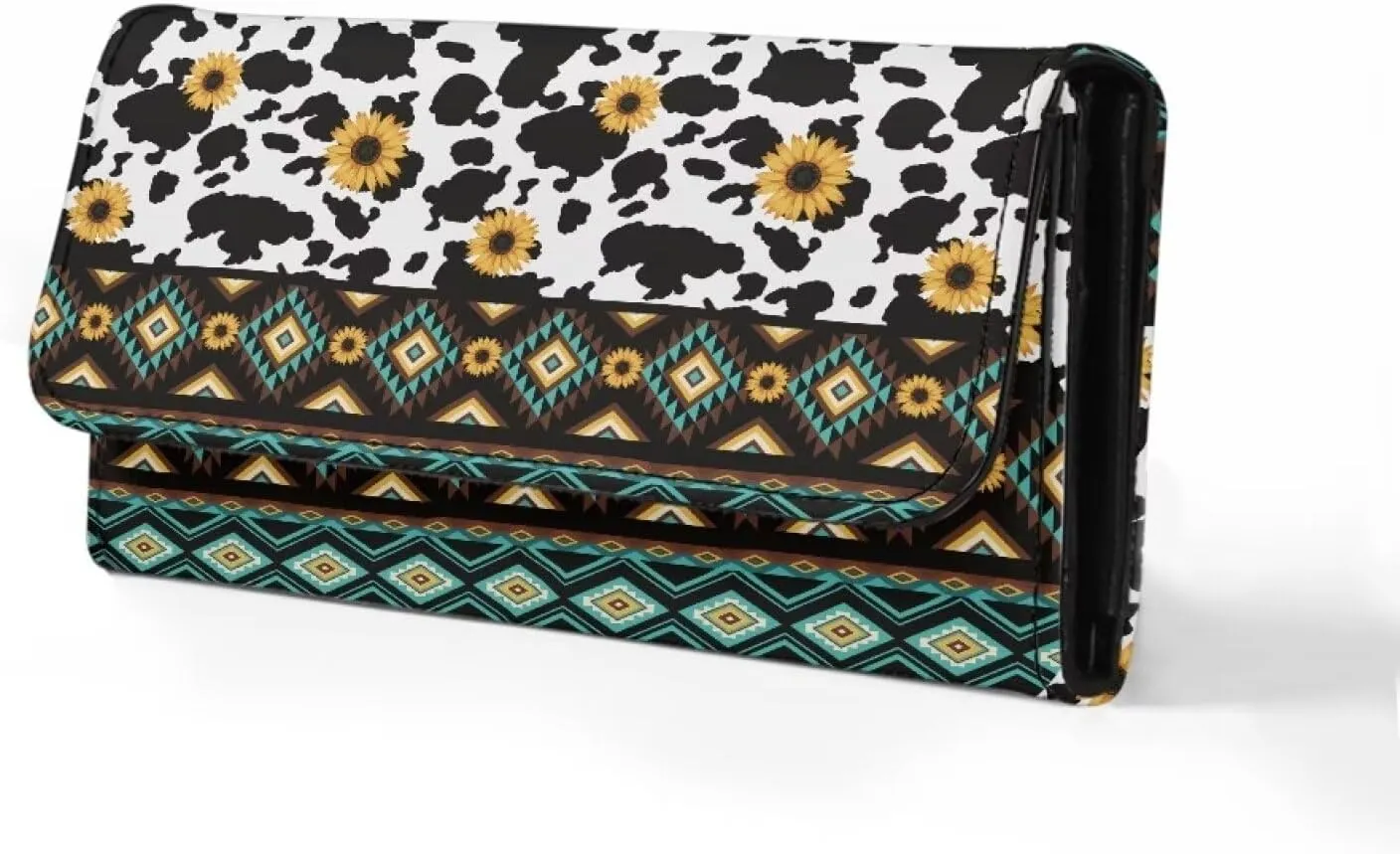 Binienty Aztec Cow Print Leather Wallet with Sunflower for Women Girls Gifts, Trifold Blocking Wallet Handbag Clutch