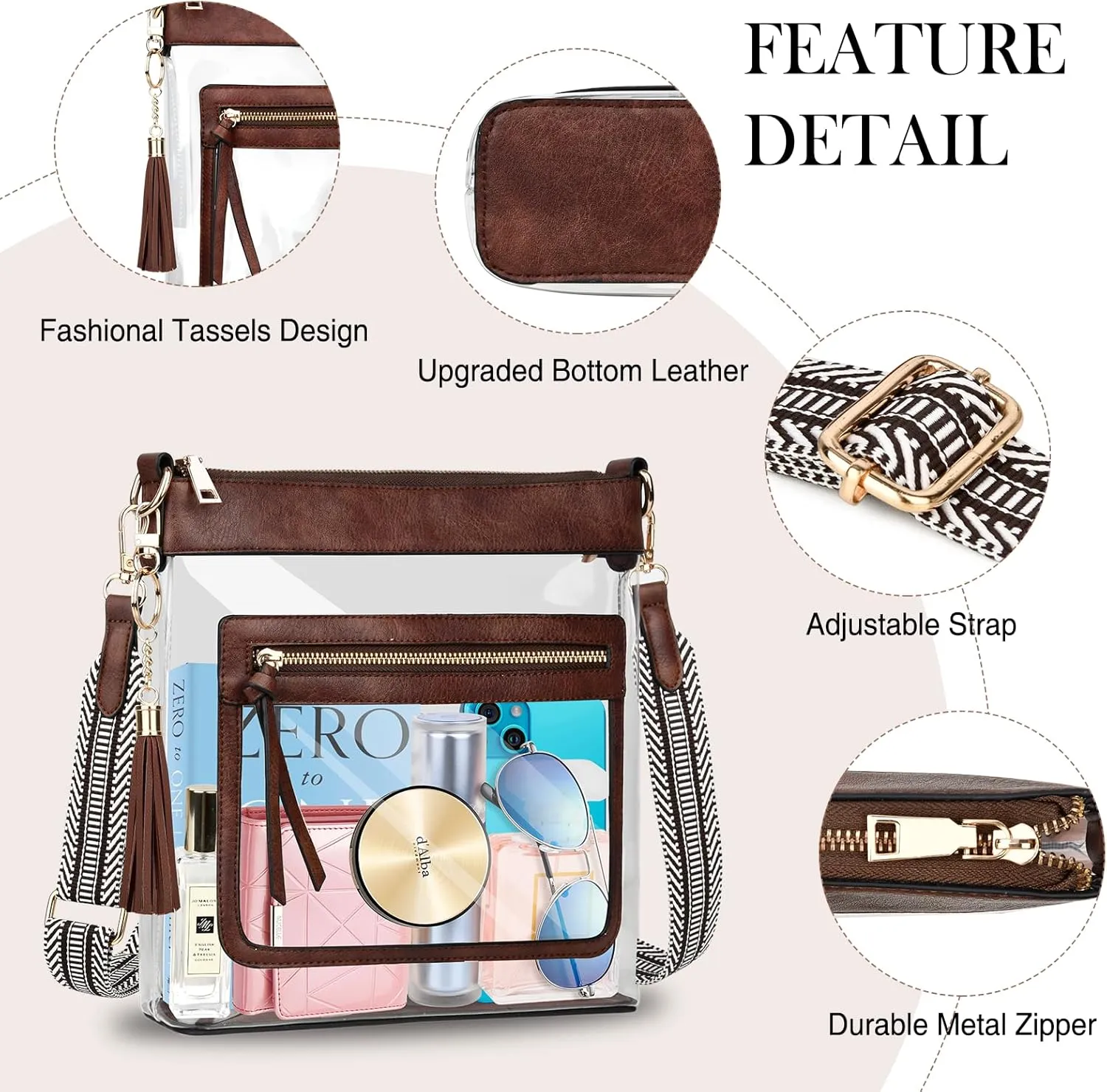 BKNOOU Clear Purses for Women - Crossbody Bags for Stadium Events & Concerts - Approved Clear Shoulder Bag