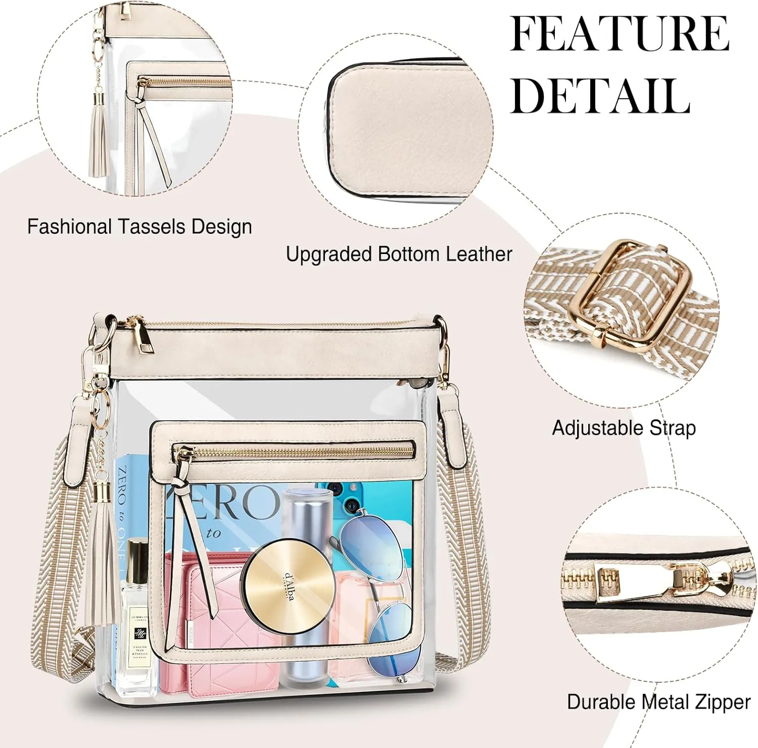 BKNOOU Clear Purses for Women - Crossbody Bags for Stadium Events & Concerts - Approved Clear Shoulder Bag