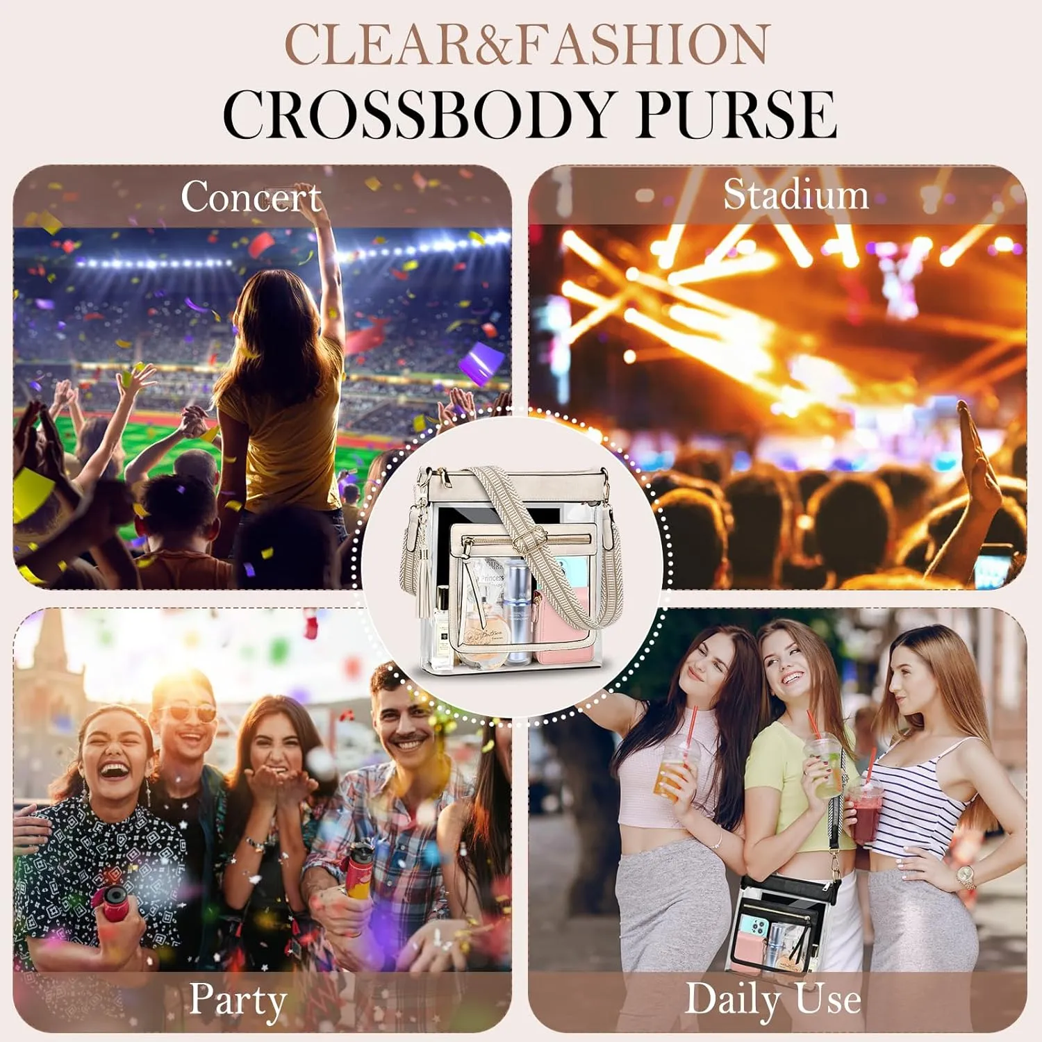BKNOOU Clear Purses for Women - Crossbody Bags for Stadium Events & Concerts - Approved Clear Shoulder Bag