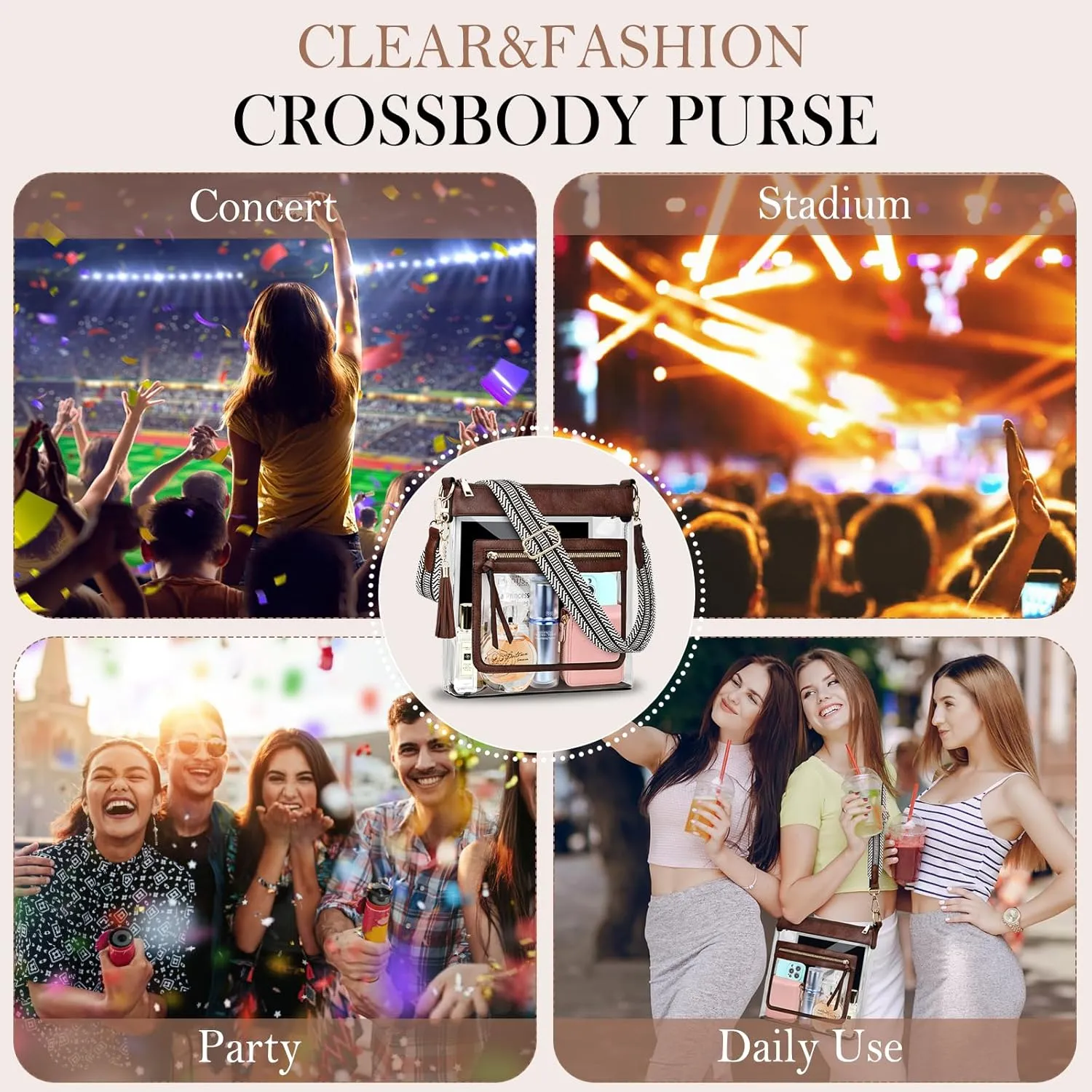 BKNOOU Clear Purses for Women - Crossbody Bags for Stadium Events & Concerts - Approved Clear Shoulder Bag