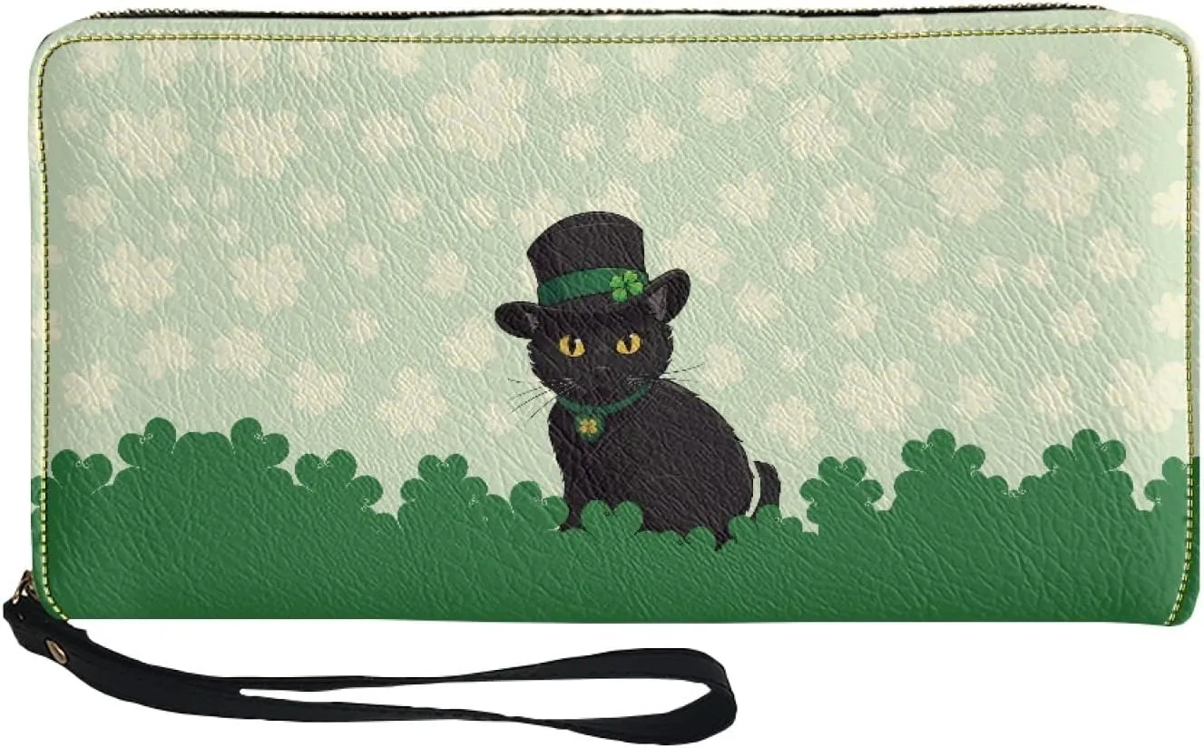 Black Cat Womens Wallet RFID Blocking Multi Card Case Holder Clutch with Zipper, St.Patrick's Day Theme, Pocket Coin Purse Organizer