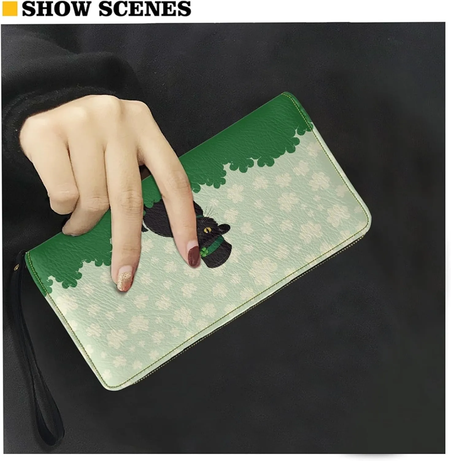Black Cat Womens Wallet RFID Blocking Multi Card Case Holder Clutch with Zipper, St.Patrick's Day Theme, Pocket Coin Purse Organizer