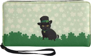 Black Cat Womens Wallet RFID Blocking Multi Card Case Holder Clutch with Zipper, St.Patrick's Day Theme, Pocket Coin Purse Organizer