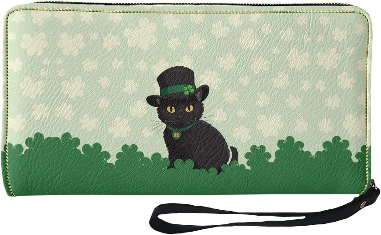 Black Cat Womens Wallet RFID Blocking Multi Card Case Holder Clutch with Zipper, St.Patrick's Day Theme, Pocket Coin Purse Organizer