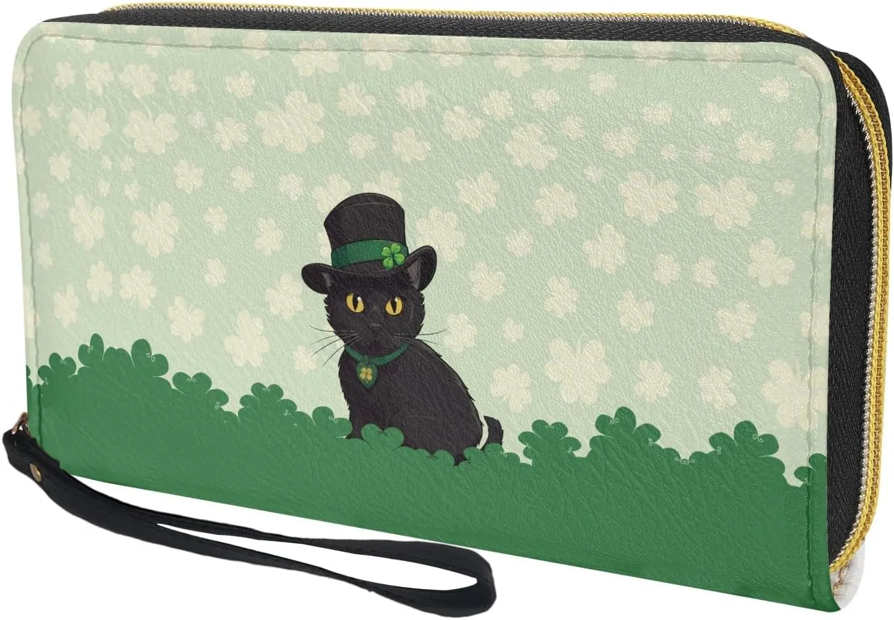Black Cat Womens Wallet RFID Blocking Multi Card Case Holder Clutch with Zipper, St.Patrick's Day Theme, Pocket Coin Purse Organizer