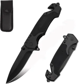 Black Stainless Steel Folding Knife with Glass Breaker and Seatbelt Cutter, 3.8" Blade, for Outdoor, Hunting, Survival and EDC
