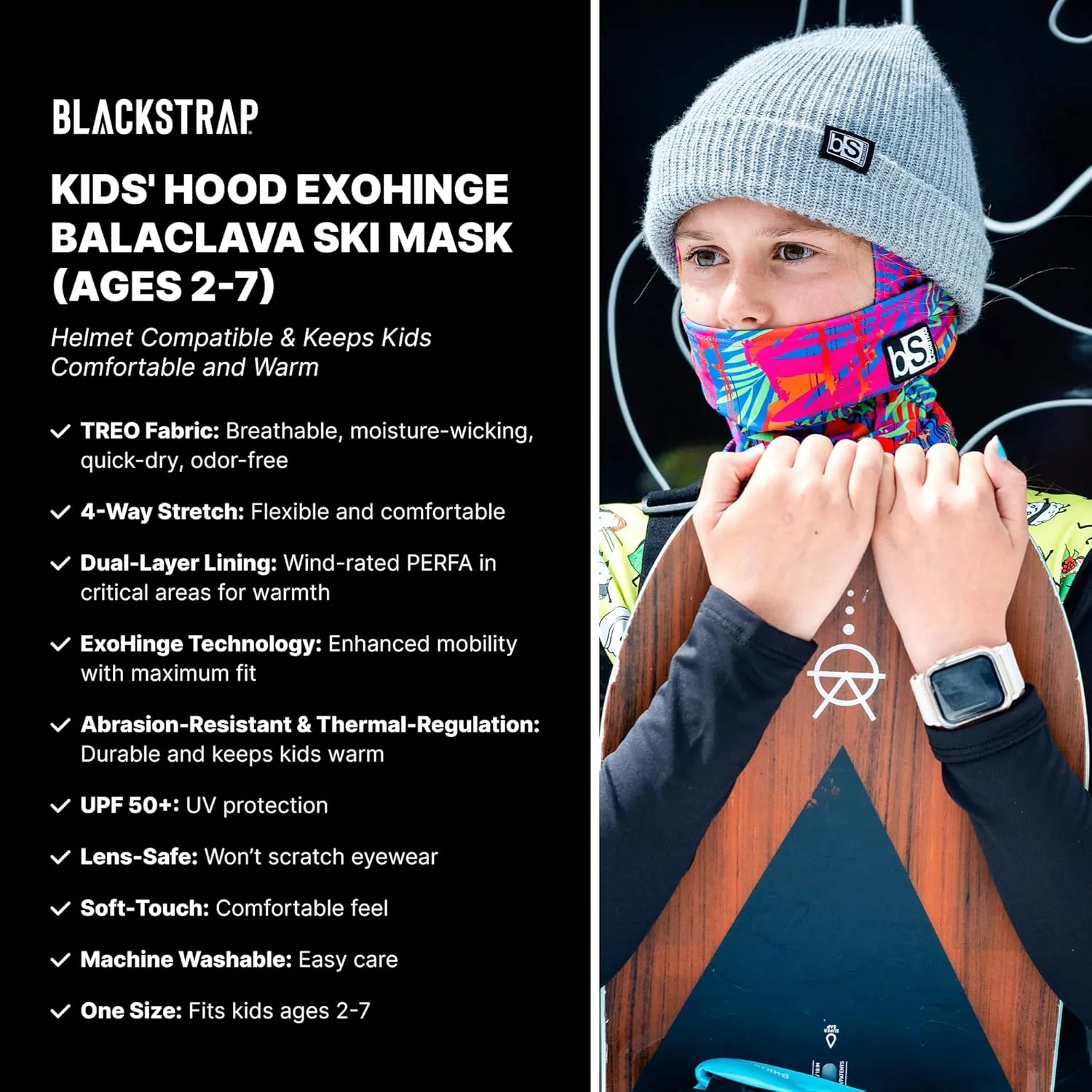 BLACKSTRAP Kids' Hood ExoHinge Balaclava Ski Mask, Helmet Compatible, Keeps Kids Comfortable and Warm