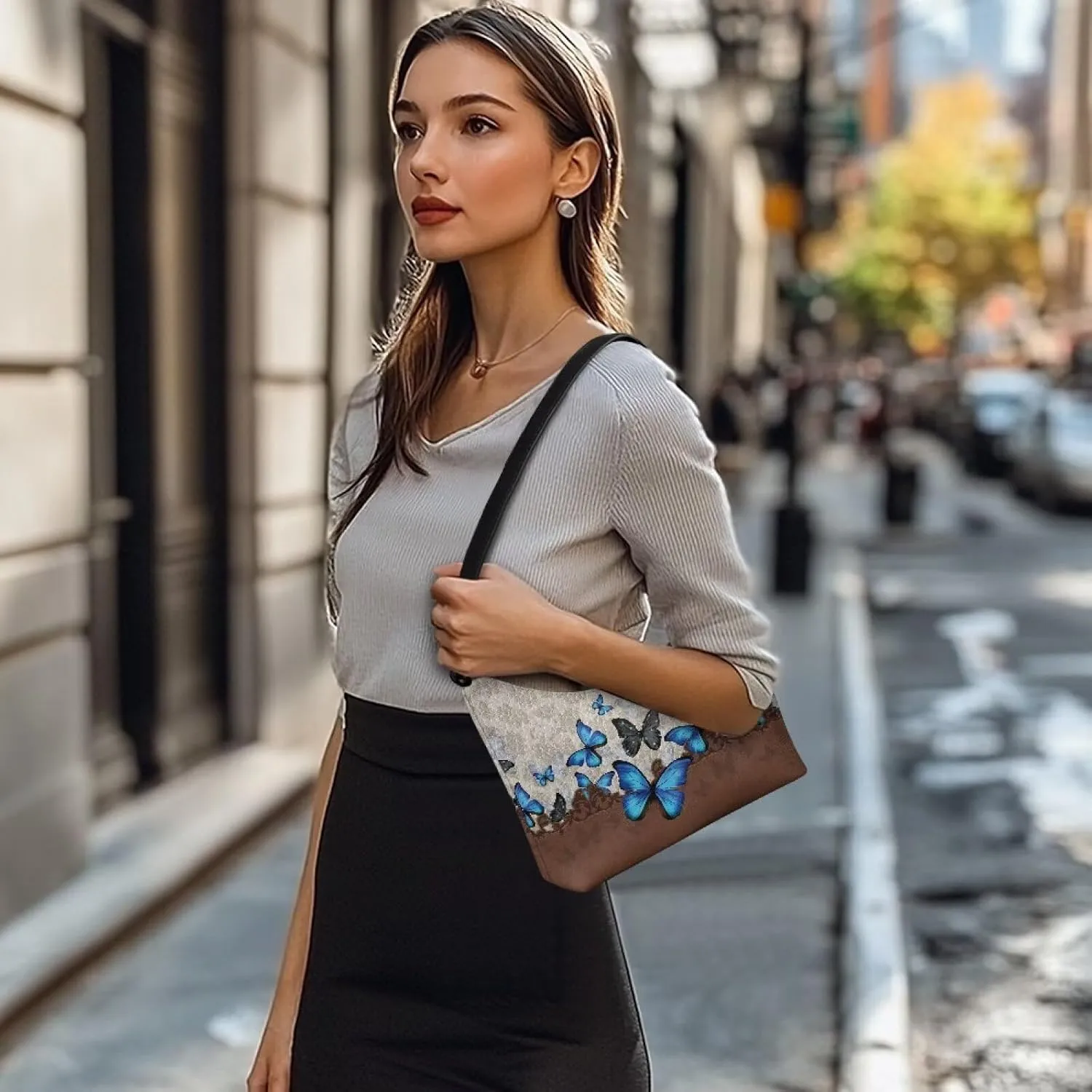 BLeather Underarm Bag for Women Shoulder Handbag with Zipper Fashion Travel Purse