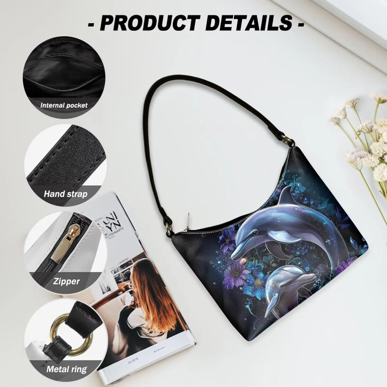 BLeather Underarm Bag for Women Shoulder Handbag with Zipper Fashion Travel Purse