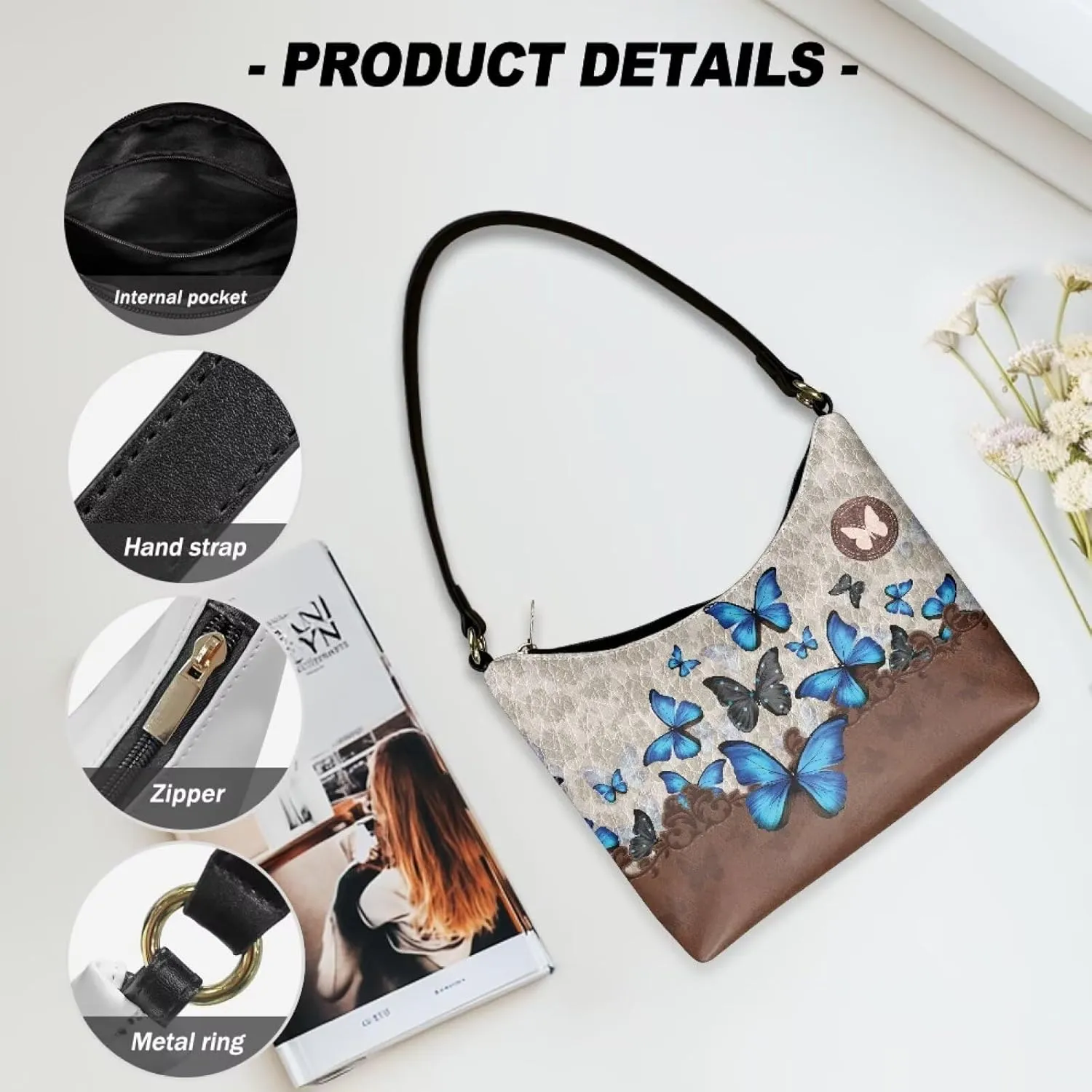 BLeather Underarm Bag for Women Shoulder Handbag with Zipper Fashion Travel Purse