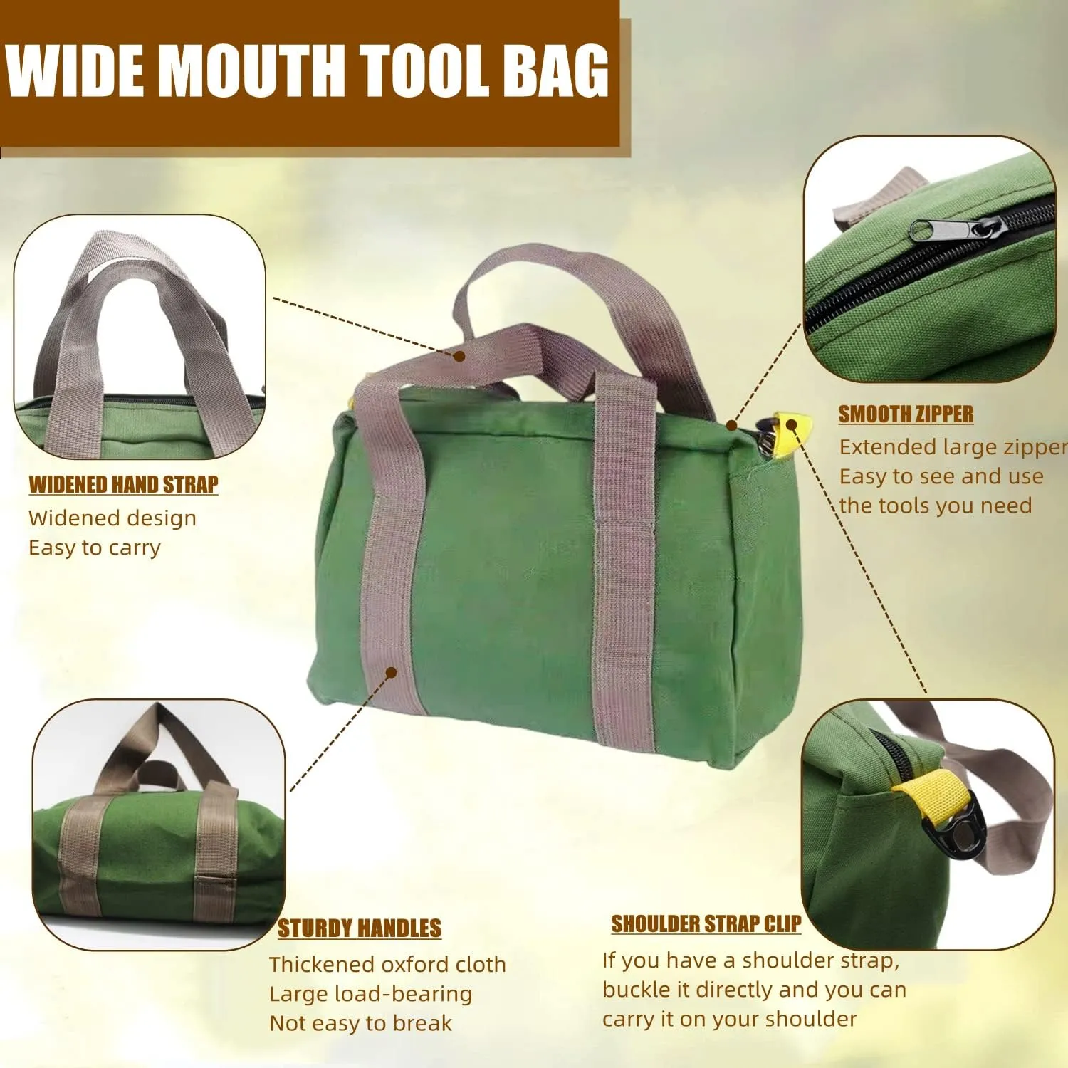 BLIRITEL 16 Inch Wide Mouth Tool Bag, Heavy Duty Canvas Tool Storage Bag, Large Capacity Handbag, Multi-function Tool Organizer Tote Bag for Storage Wrenches Pliers (Green -16 Inch)