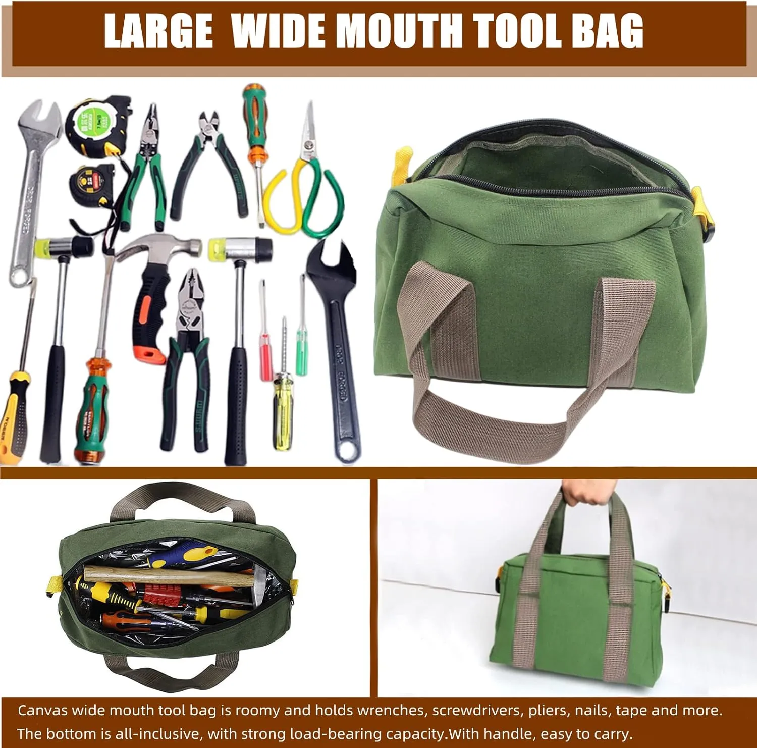 BLIRITEL 16 Inch Wide Mouth Tool Bag, Heavy Duty Canvas Tool Storage Bag, Large Capacity Handbag, Multi-function Tool Organizer Tote Bag for Storage Wrenches Pliers (Green -16 Inch)