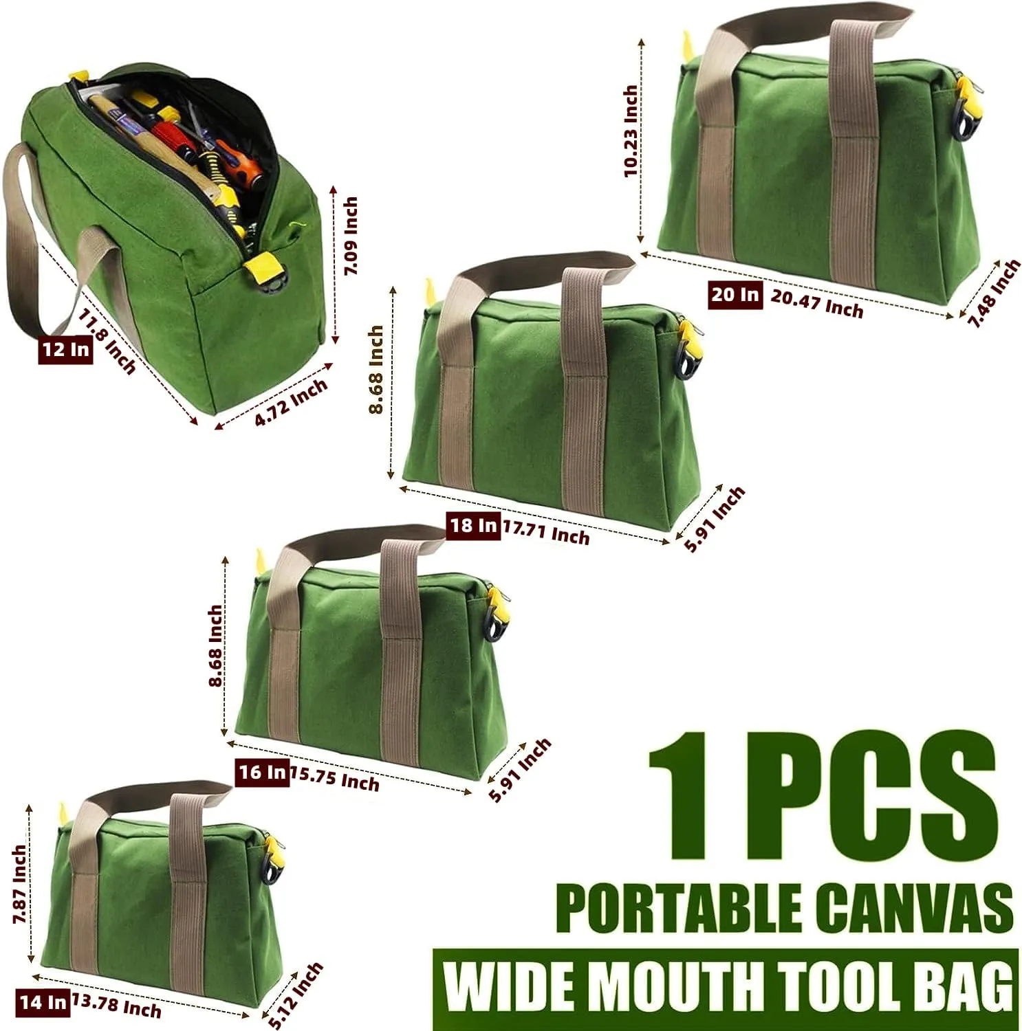 BLIRITEL 20 Inch Wide Mouth Tool Bag, Heavy Duty Canvas Tool Storage Bag, Large Capacity Handbag, Multi-function Tool Organizer Tote Bag for Storage Wrenches Pliers (Green - 20 Inch)