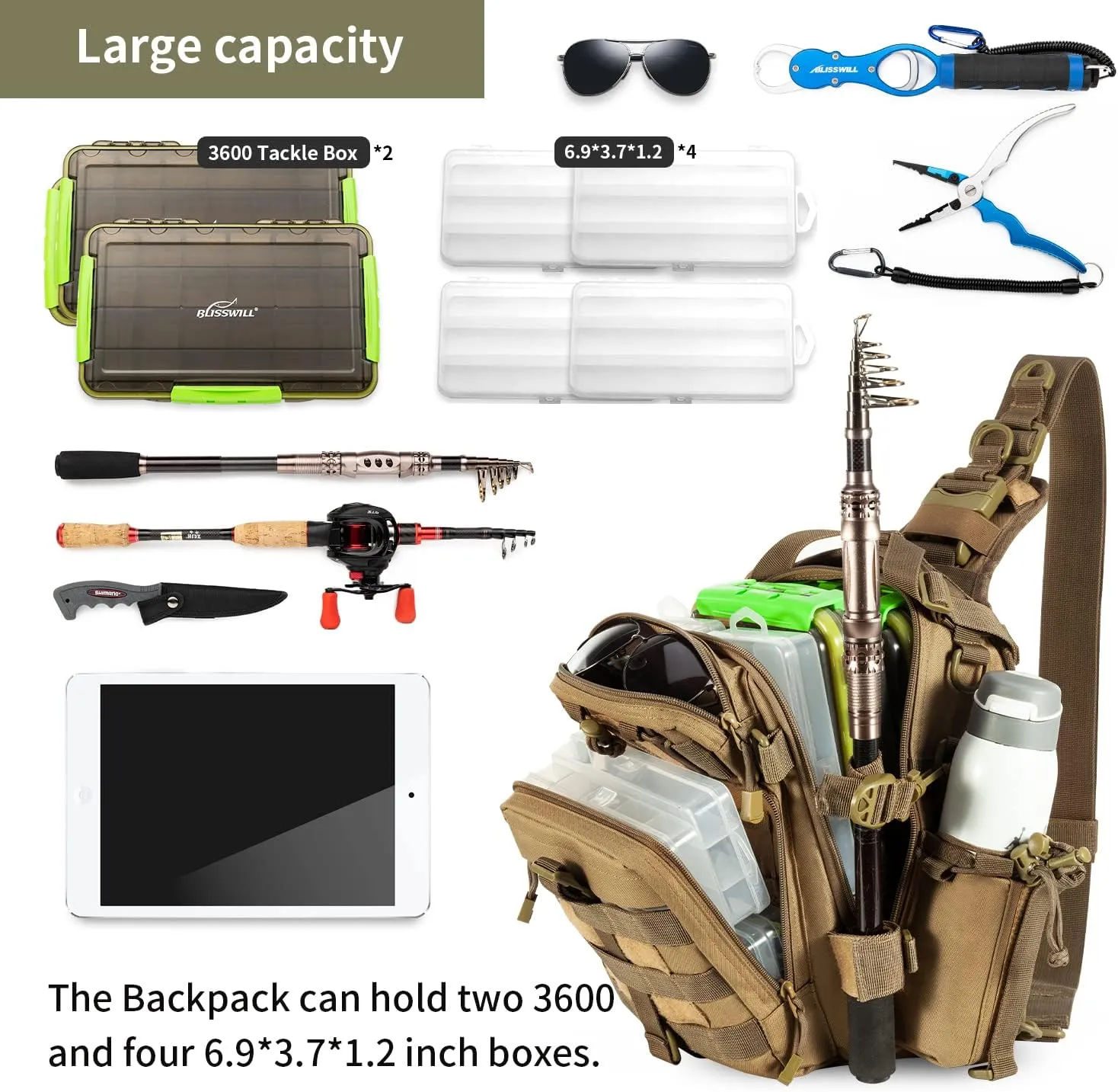 BLISSWILL Outdoor Tackle Bag - Large Water-Resistant Fishing Backpack