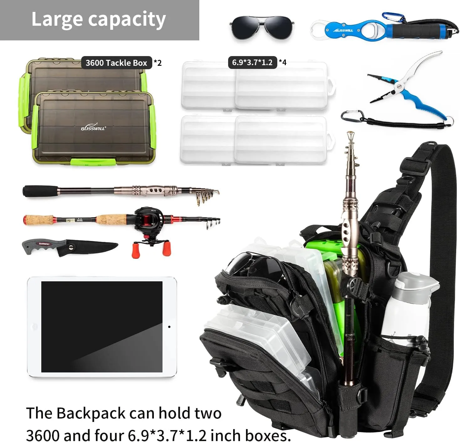 BLISSWILL Outdoor Tackle Bag - Large Water-Resistant Fishing Backpack