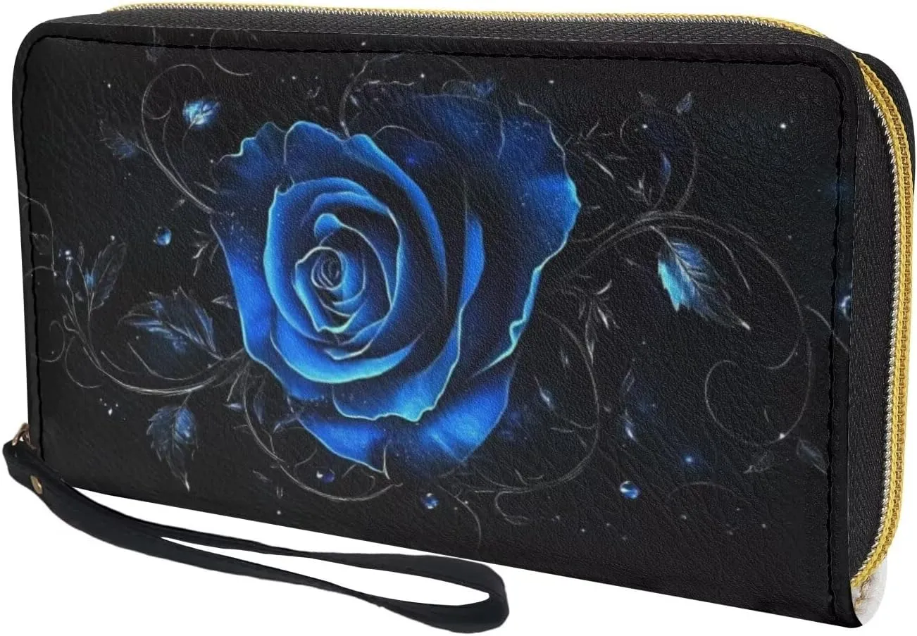 Blue Rose Wallets for Women RFID Blocking Zipper Card Holder Clutch Wristlet Leather Long Purse