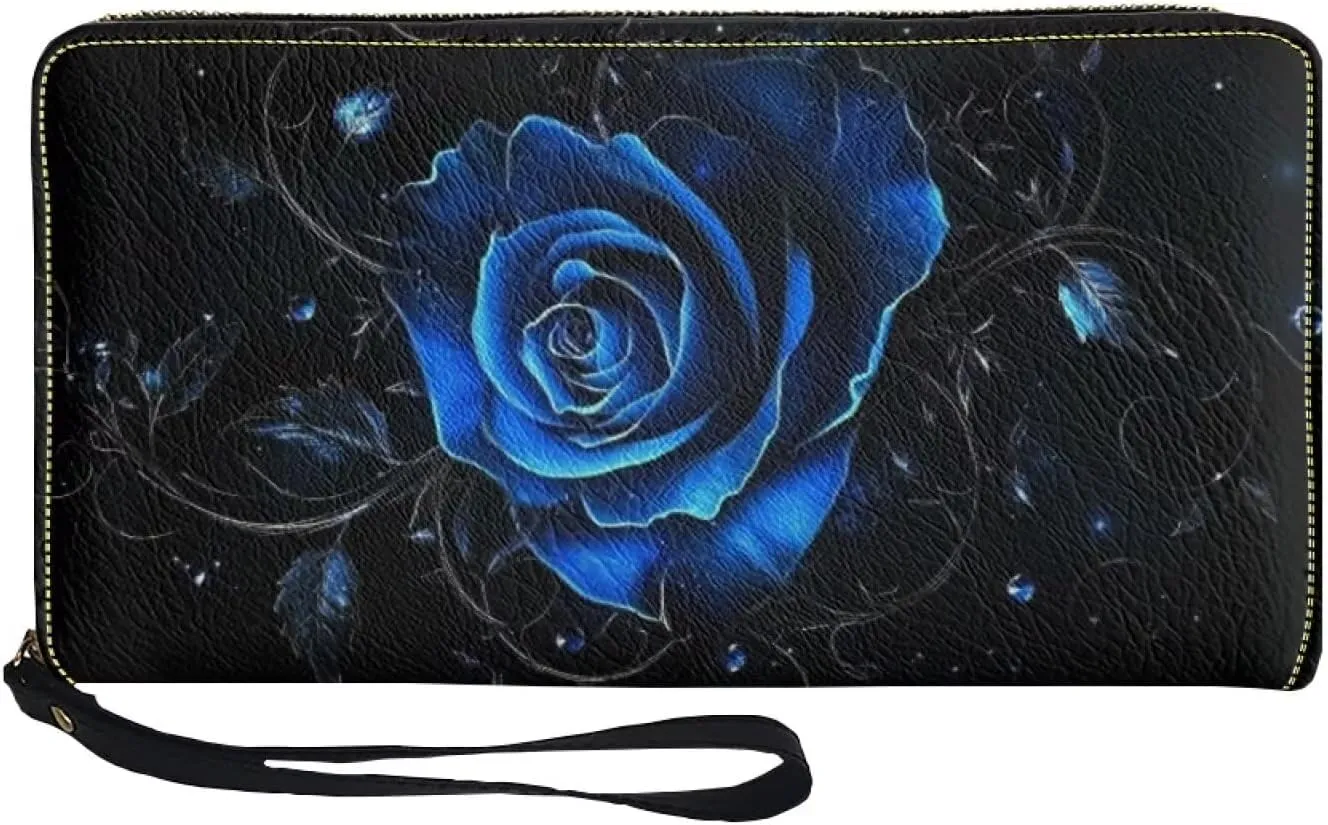Blue Rose Wallets for Women RFID Blocking Zipper Card Holder Clutch Wristlet Leather Long Purse