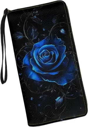 Blue Rose Wallets for Women RFID Blocking Zipper Card Holder Clutch Wristlet Leather Long Purse