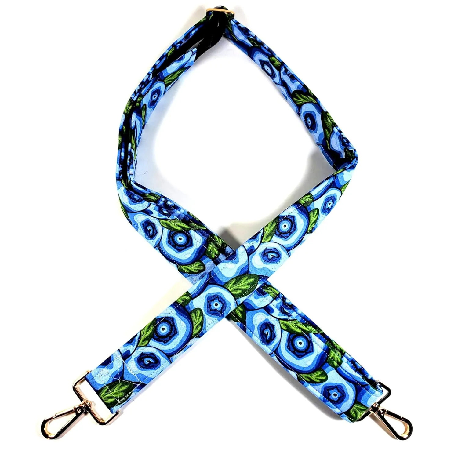 Blueberry Guitar Style Bag Strap - Blueberries Cross Body Strap - Custom Hardware Color- Adjustable -Double Padded-Durable- (2" Width, Gun Metal(Black))