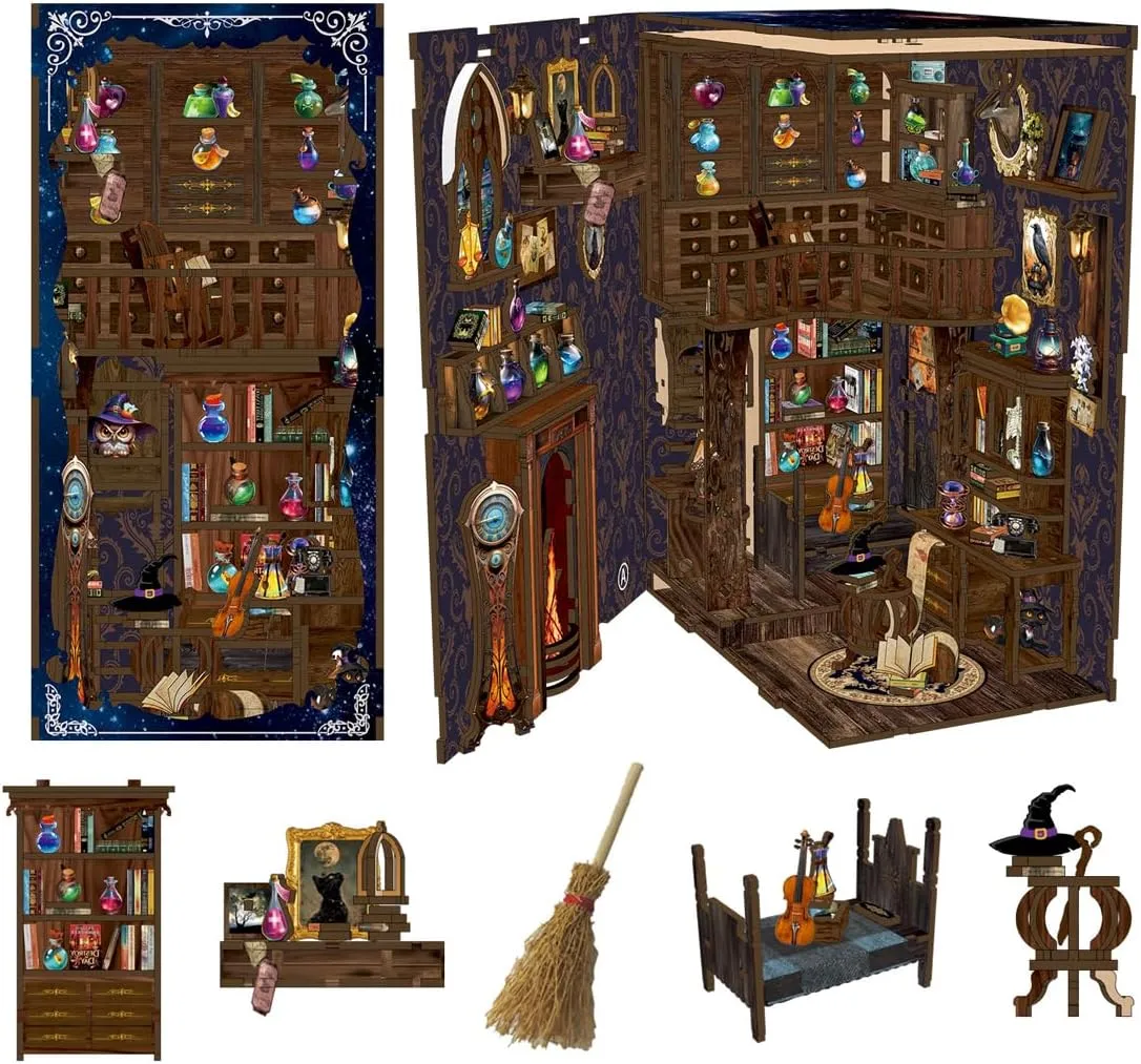Book Nook Alley Kit, Wooden Cool Book Nook Alley, DIY Bookshelf Miniature Scenes, Bookshelf Model Kit, Book Nook Kits for Adults Fantasy - Magic Study House