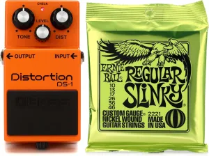 Boss DS-1 Distortion Pedal   Ernie Ball 2221 Regular Slinky Nickel Wound Electric Guitar Strings - .010-.046 Value Bundl