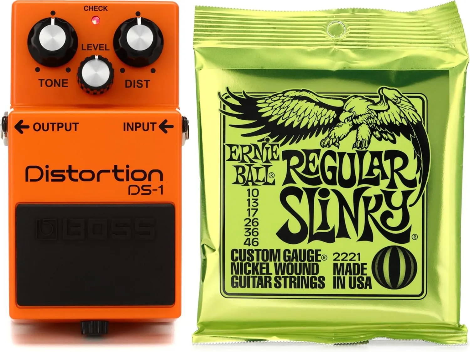 Boss DS-1 Distortion Pedal   Ernie Ball 2221 Regular Slinky Nickel Wound Electric Guitar Strings - .010-.046 Value Bundl