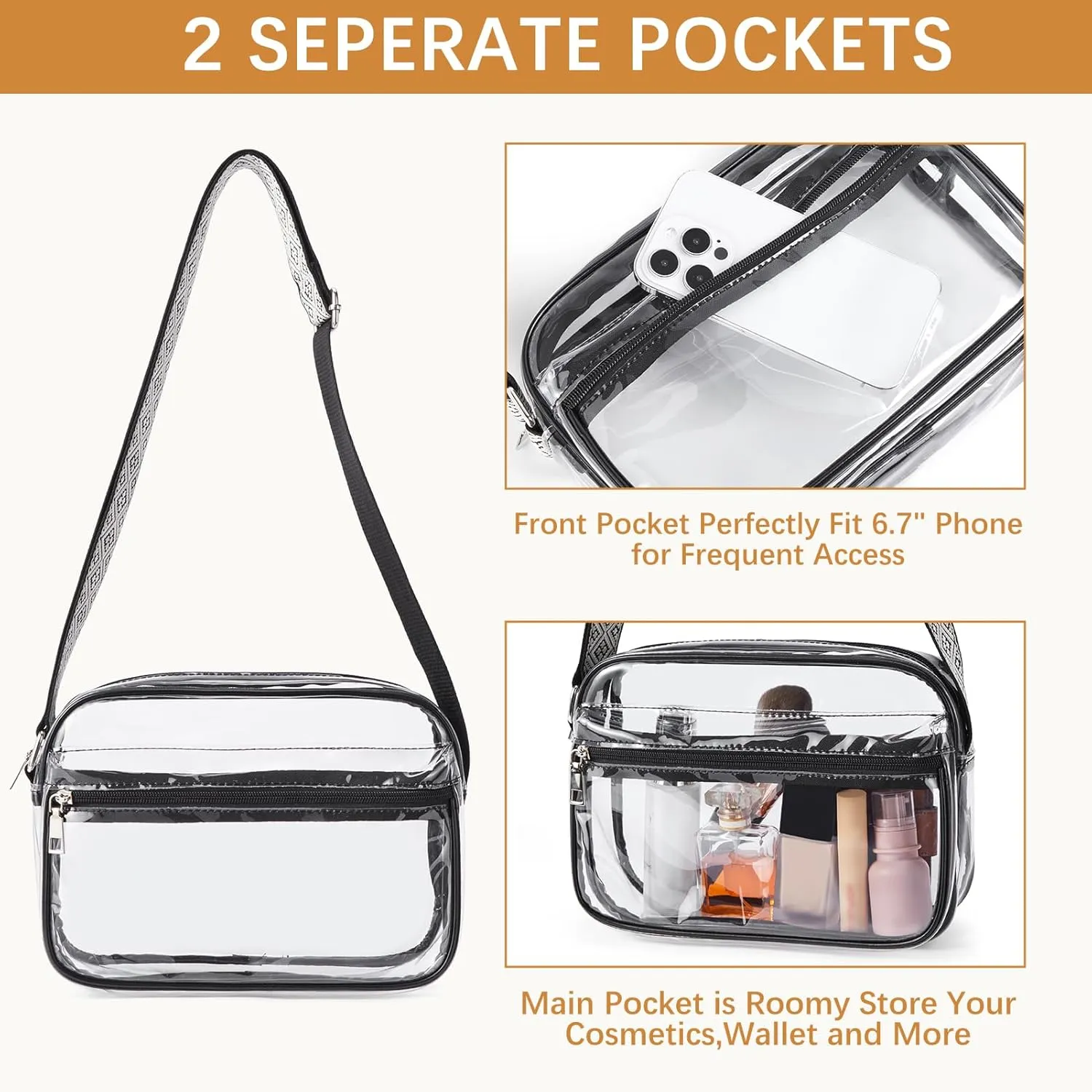 BOSTANTEN Clear Bag for Women Stadium Approved Clear Bags Small Crossbody Purse Trendy for Concerts Sports Events