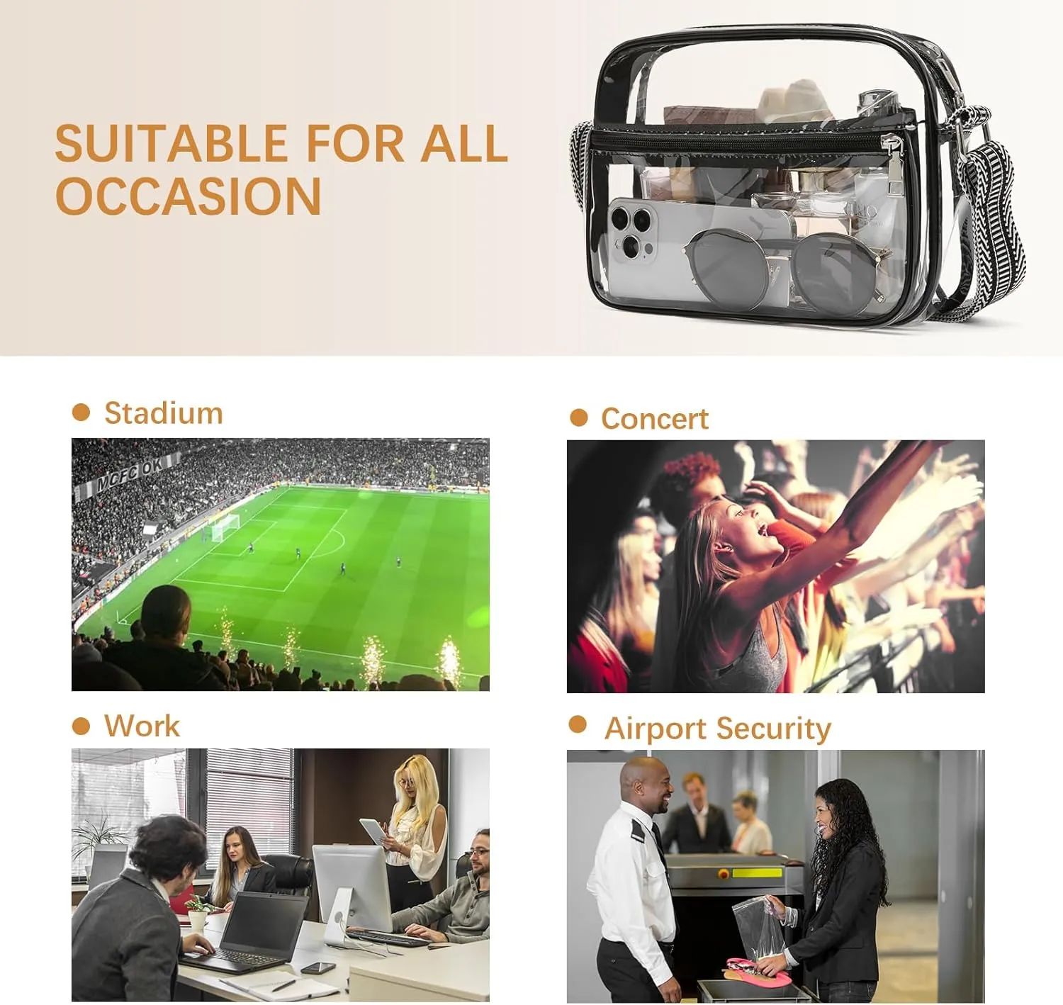 BOSTANTEN Clear Bag for Women Stadium Approved Clear Bags Small Crossbody Purse Trendy for Concerts Sports Events