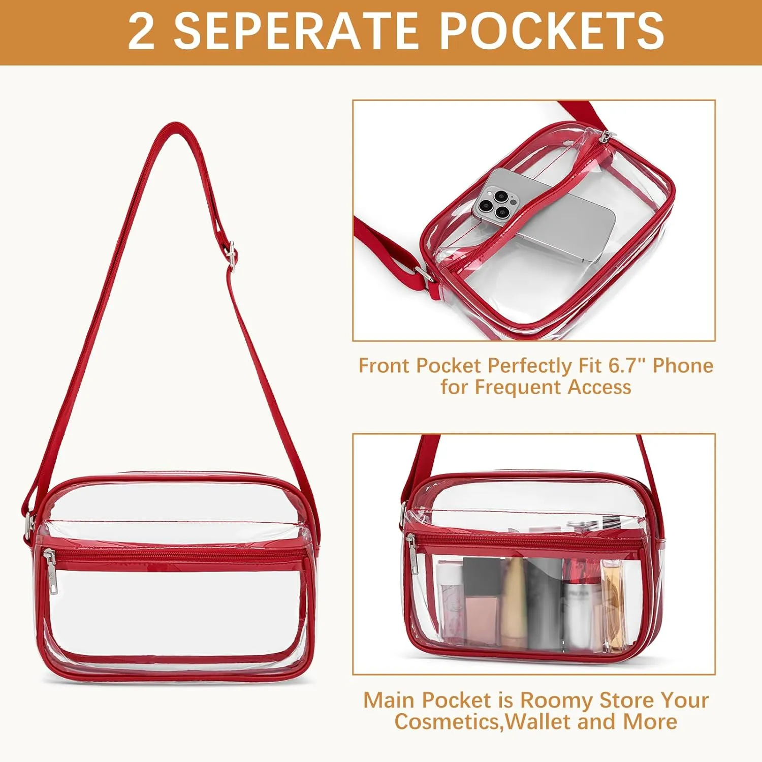 BOSTANTEN Clear Bag for Women Stadium Approved Clear Bags Small Crossbody Purse Trendy for Concerts Sports Events