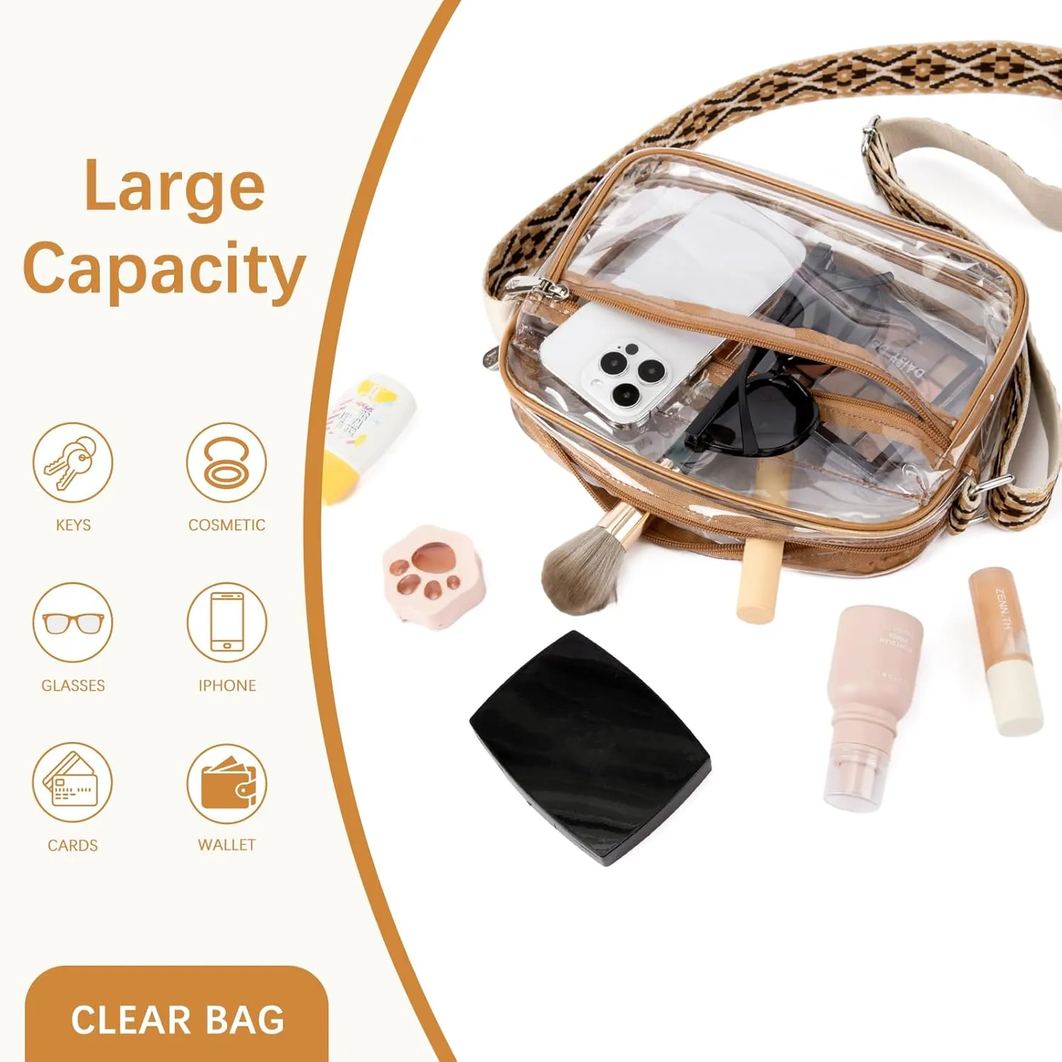 BOSTANTEN Clear Bag for Women Stadium Approved Clear Bags Small Crossbody Purse Trendy for Concerts Sports Events