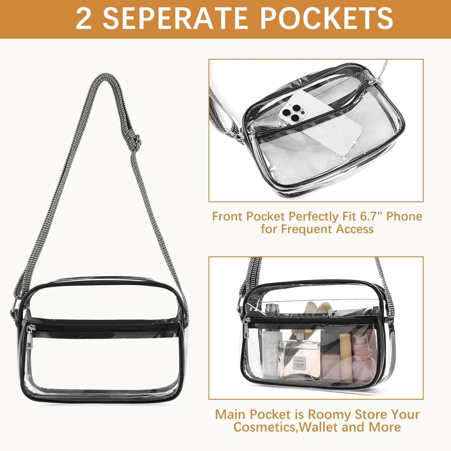 BOSTANTEN Clear Bag for Women Stadium Approved Clear Bags Small Crossbody Purse Trendy for Concerts Sports Events