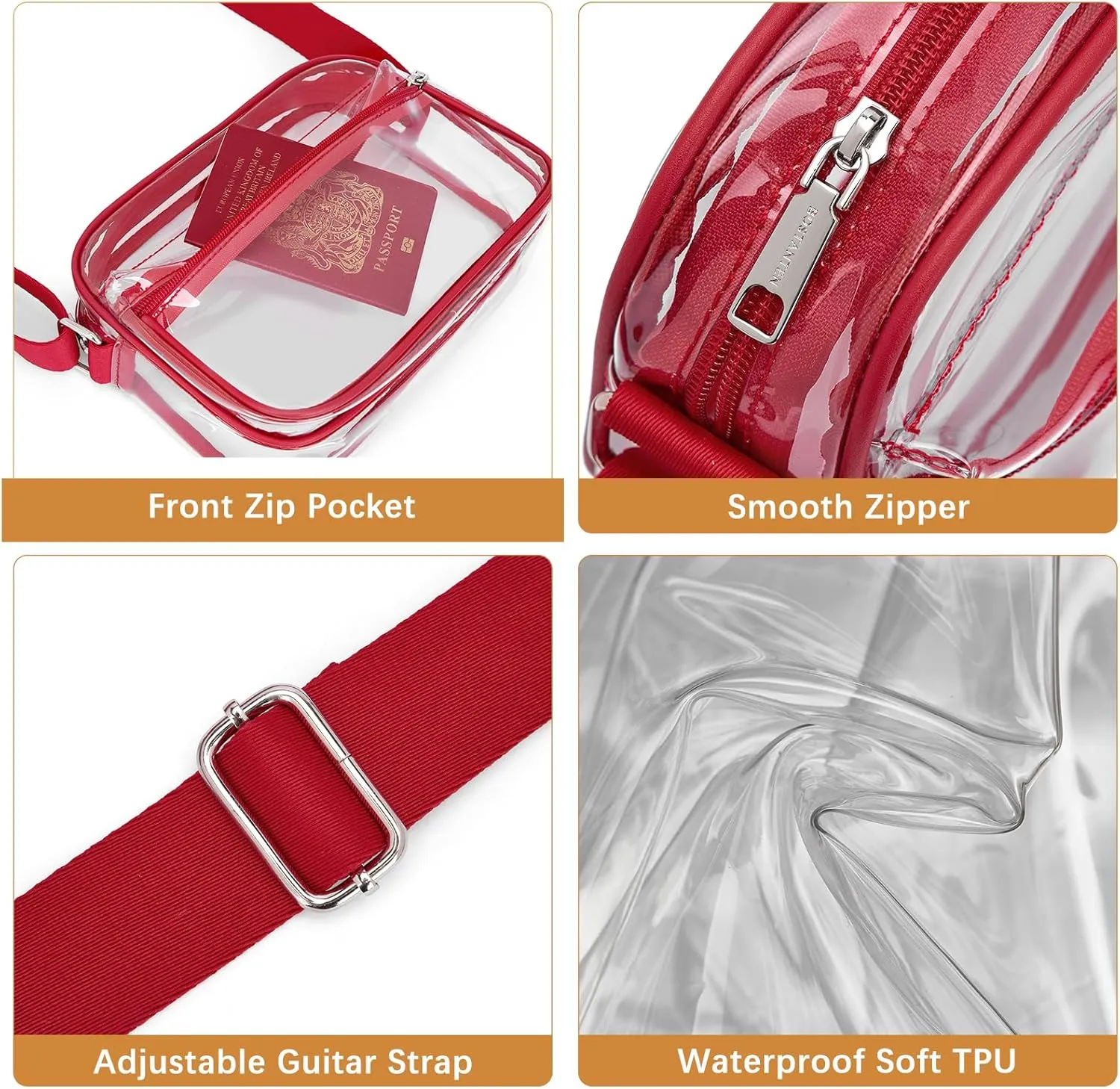 BOSTANTEN Clear Bag for Women Stadium Approved Clear Bags Small Crossbody Purse Trendy for Concerts Sports Events
