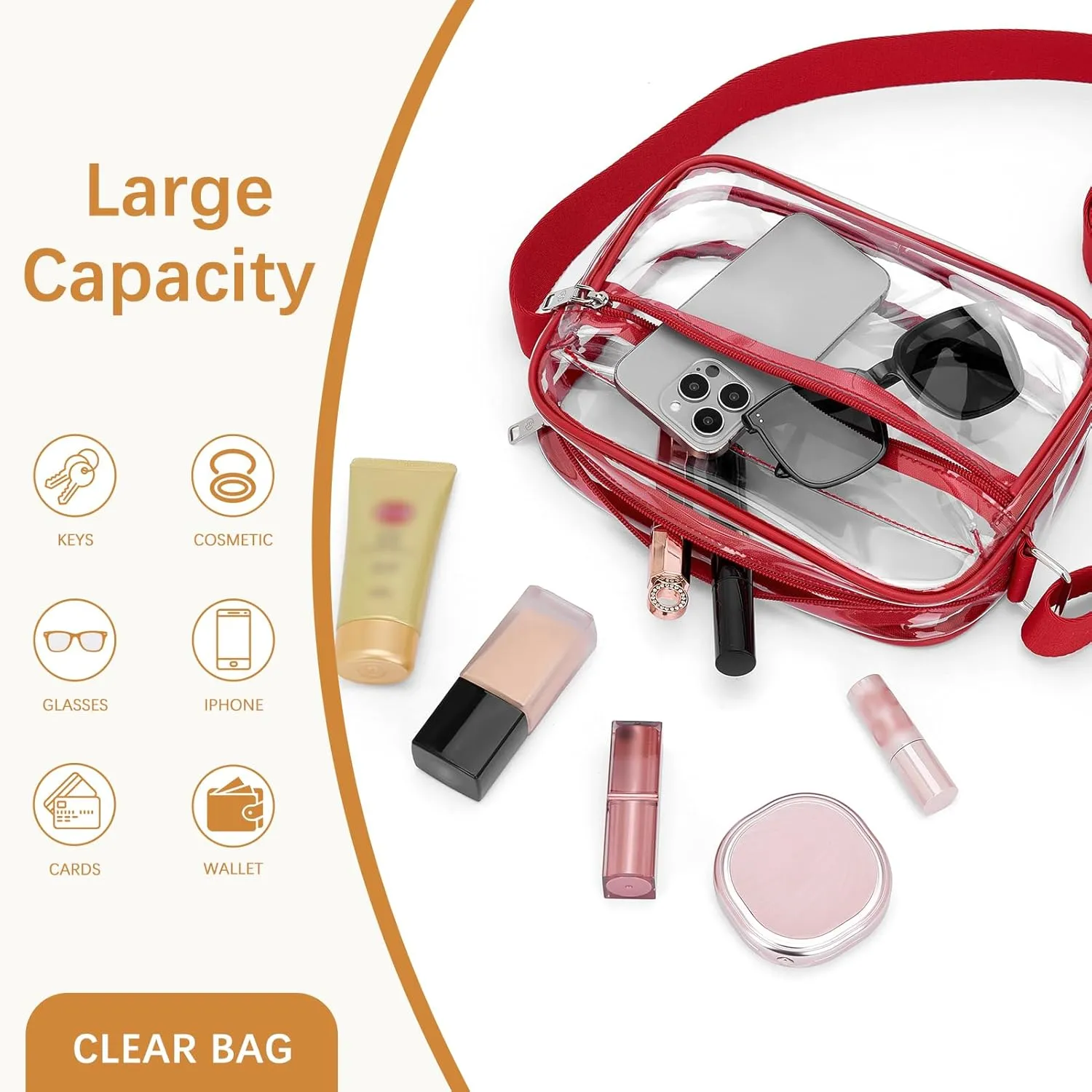 BOSTANTEN Clear Bag for Women Stadium Approved Clear Bags Small Crossbody Purse Trendy for Concerts Sports Events