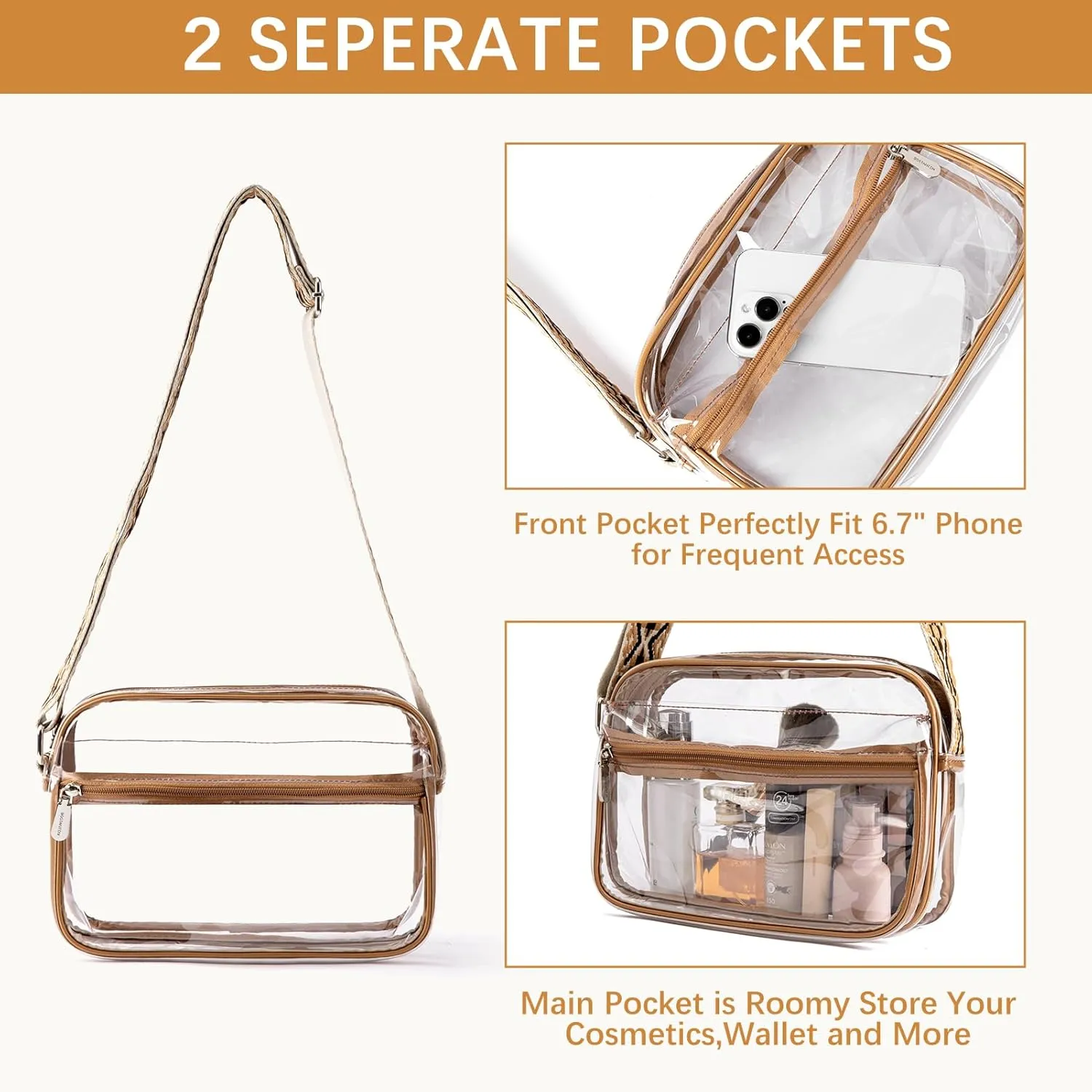 BOSTANTEN Clear Bag for Women Stadium Approved Clear Bags Small Crossbody Purse Trendy for Concerts Sports Events