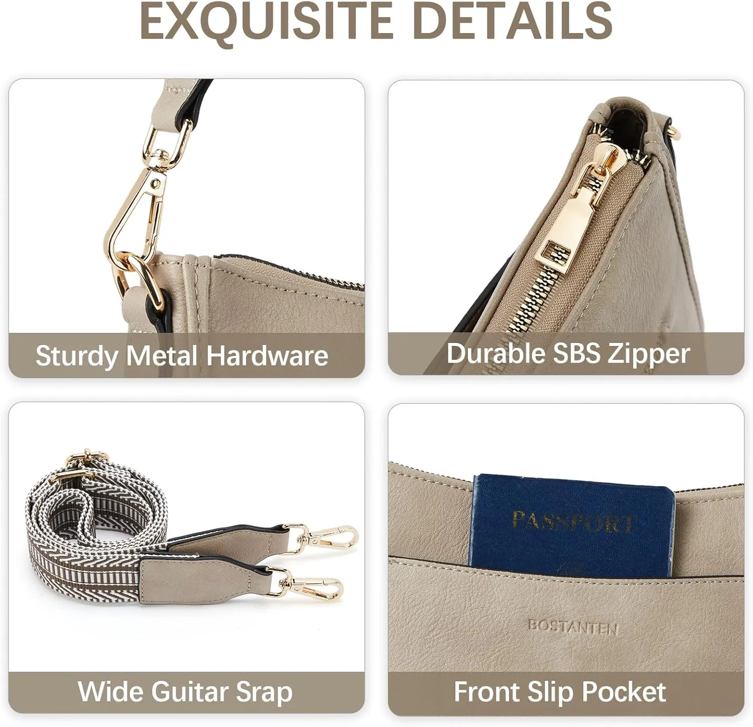 BOSTANTEN Crossbody Bags for Women Trendy Vegan Leather Hobo Handbags Fashion Shoulder Purse with Adjustable Guitar Strap