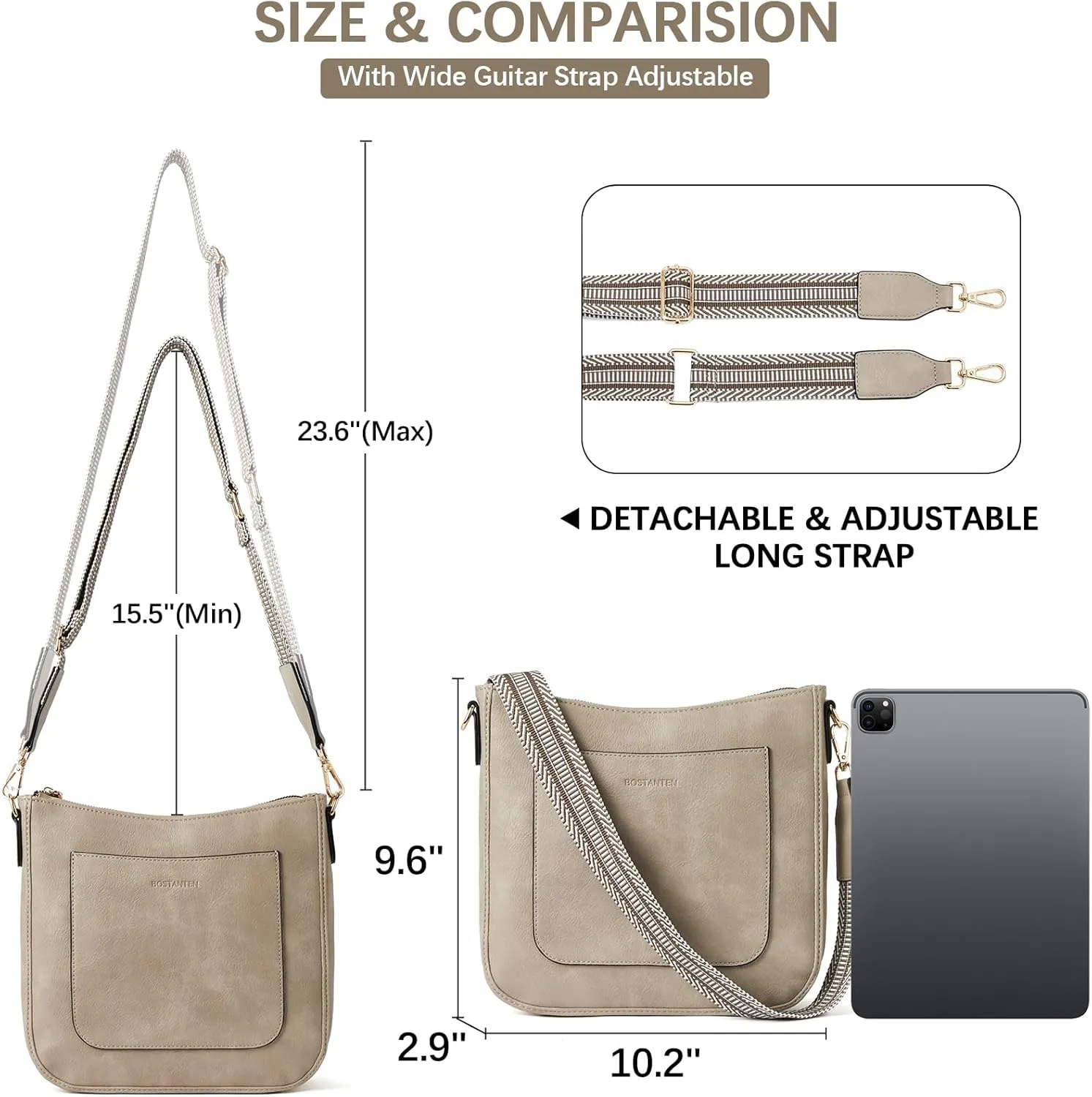 BOSTANTEN Crossbody Bags for Women Trendy Vegan Leather Hobo Handbags Fashion Shoulder Purse with Adjustable Guitar Strap