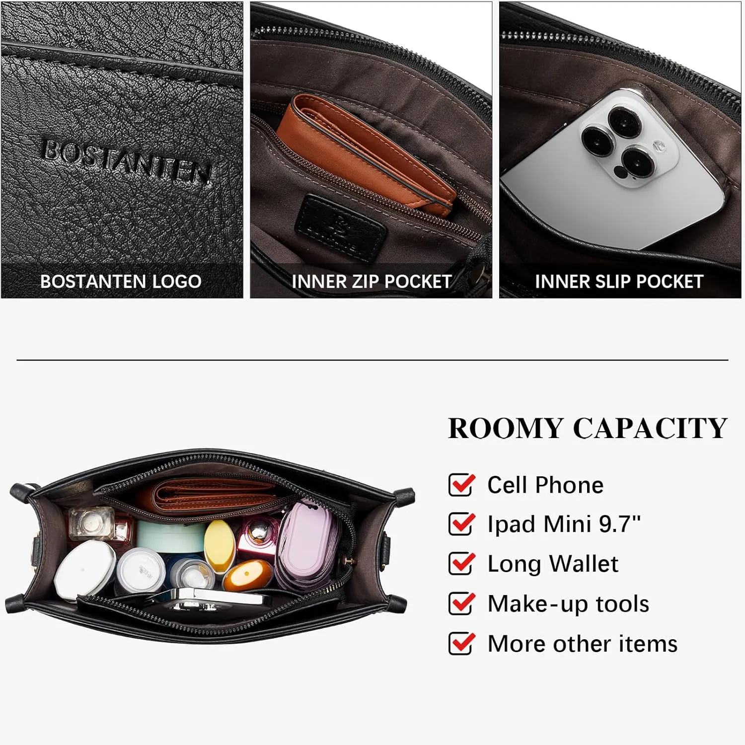 BOSTANTEN Crossbody Bags for Women Trendy Vegan Leather Hobo Handbags Fashion Shoulder Purse with Adjustable Guitar Strap