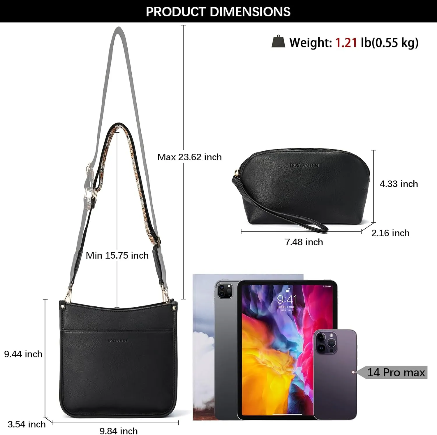 BOSTANTEN Crossbody Bags for Women Trendy Vegan Leather Hobo Handbags Fashion Shoulder Purse with Adjustable Guitar Strap