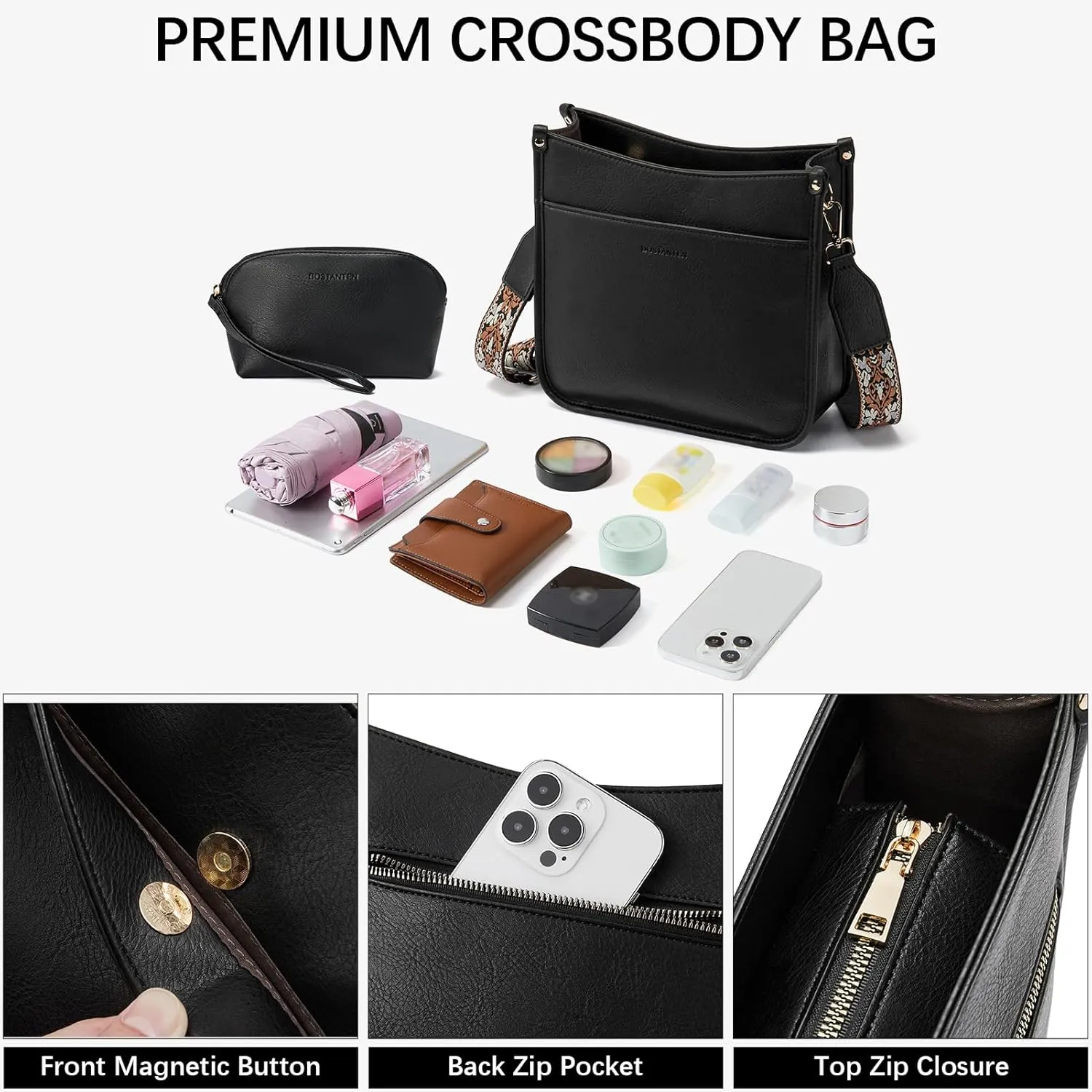 BOSTANTEN Crossbody Bags for Women Trendy Vegan Leather Hobo Handbags Fashion Shoulder Purse with Adjustable Guitar Strap