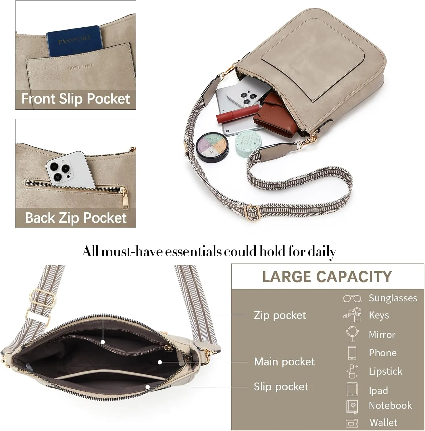 BOSTANTEN Crossbody Bags for Women Trendy Vegan Leather Hobo Handbags Fashion Shoulder Purse with Adjustable Guitar Strap