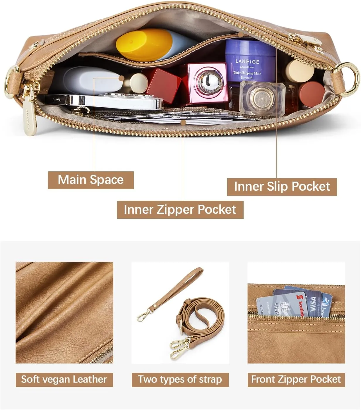 BOSTANTEN Small Crossbody Purse Leather Wristlet Purses for Women with Zipper Pocket Casual Clutch Bags