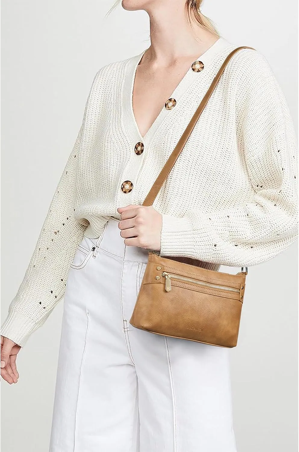 BOSTANTEN Small Crossbody Purse Leather Wristlet Purses for Women with Zipper Pocket Casual Clutch Bags