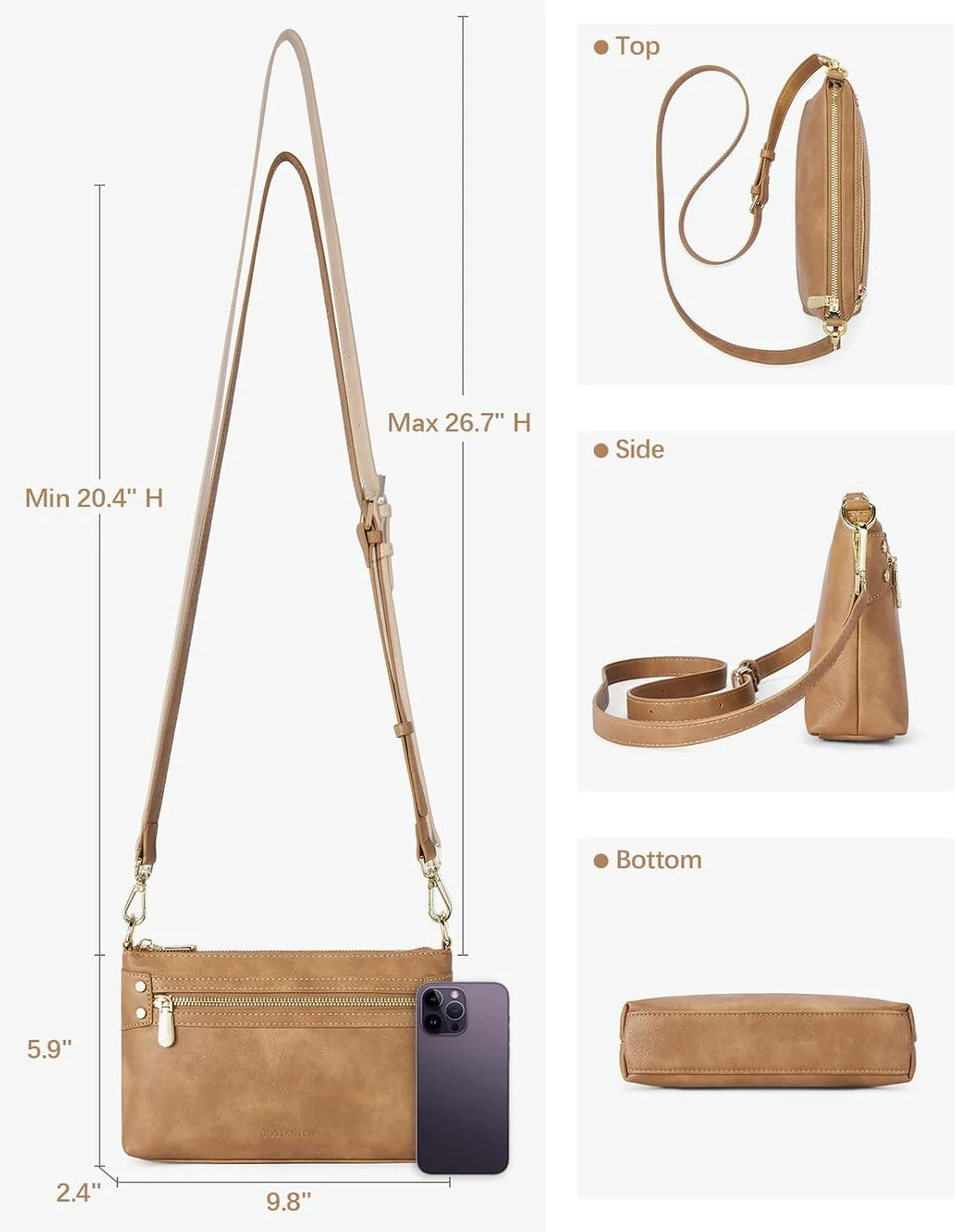BOSTANTEN Small Crossbody Purse Leather Wristlet Purses for Women with Zipper Pocket Casual Clutch Bags