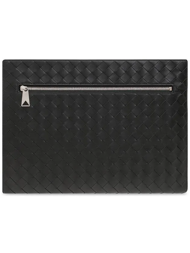 Bottega Veneta Intrecciato Zipper Leather Clutch Bag Black