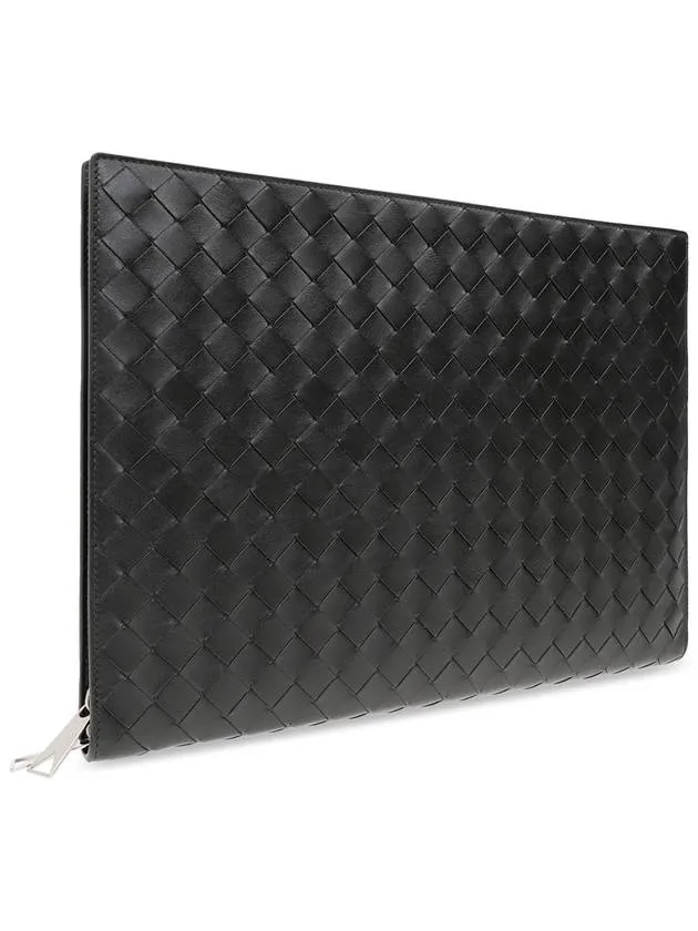 Bottega Veneta Intrecciato Zipper Leather Clutch Bag Black