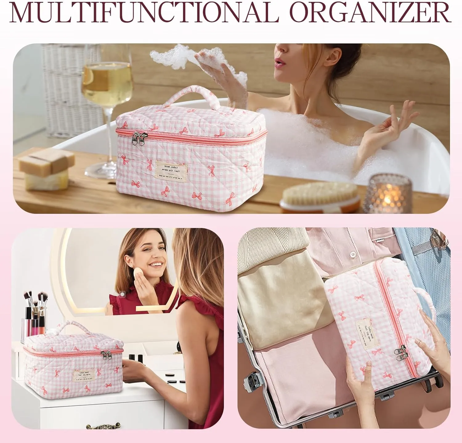 Bow Makeup Bag Organizer, Travel Makeup Bags for Women, Quilted Cosmetic Bag for Women, Large Travel Toiletry Bag, Cute Makeup Bags for Teen Girls, Cute Toiletry Bag Organizer